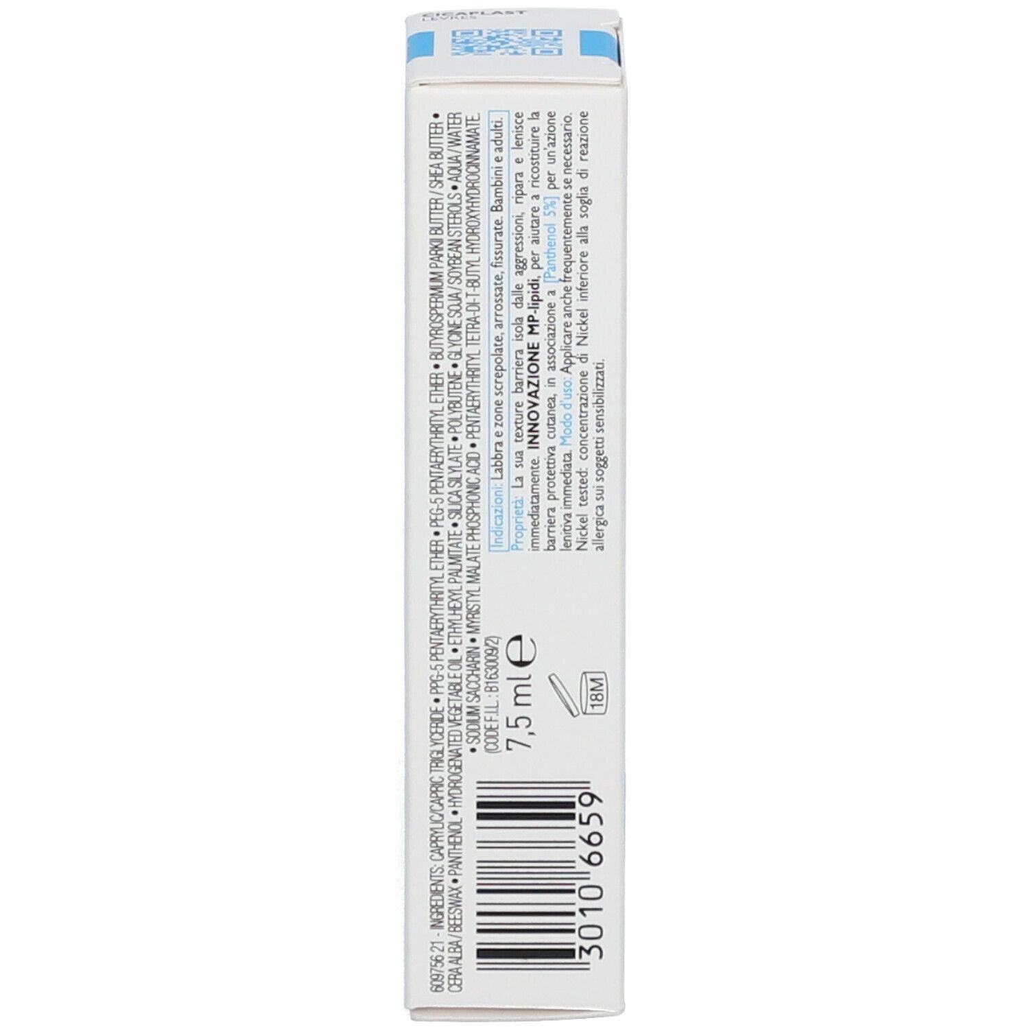 Lato della scatola. Scritta: ingredienti, 7,5 ml.