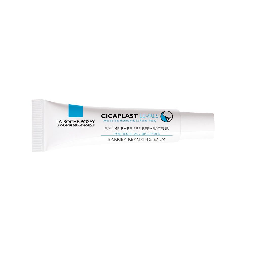 Tubo bianco con striscia blu. Scritta: Cicaplast Levres, Barrier Repairing Balm.