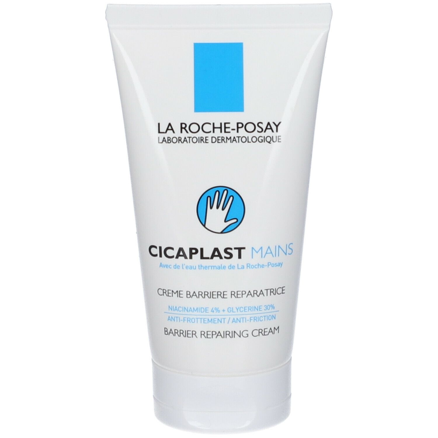 Tubo La Roche-Posay Cicaplast Mains. Tubo bianco con accento blu. Scritta: Crème Barrière Réparatrice. Crema per le mani.