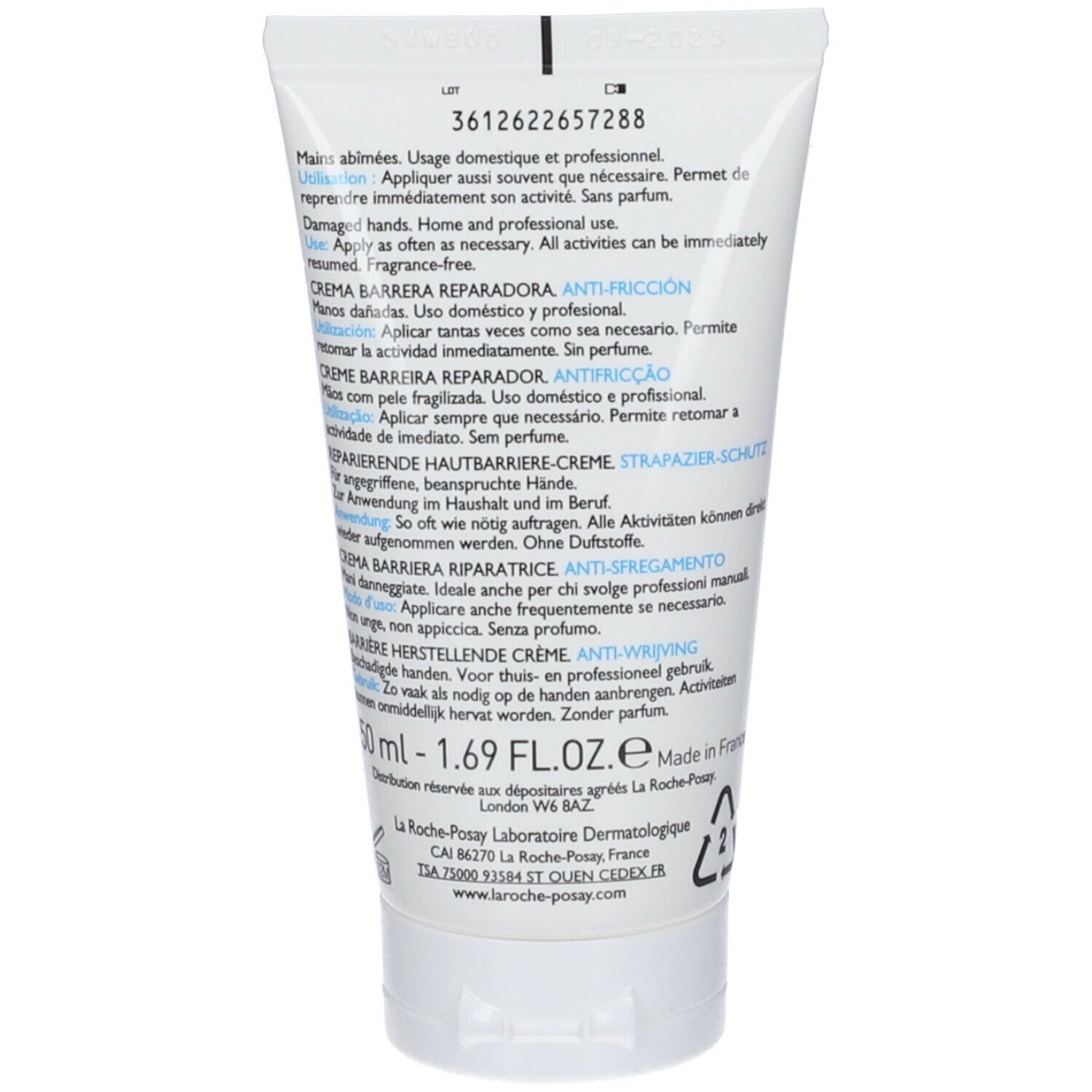 Retro del tubo La Roche-Posay Cicaplast Mains. Testo e informazioni sul prodotto. Tubo bianco con tappo blu.