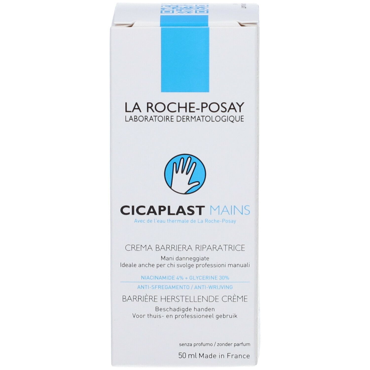 La Roche-Posay Cicaplast Mains. Scatola. Confezione bianca con accento blu. Crema per le mani.