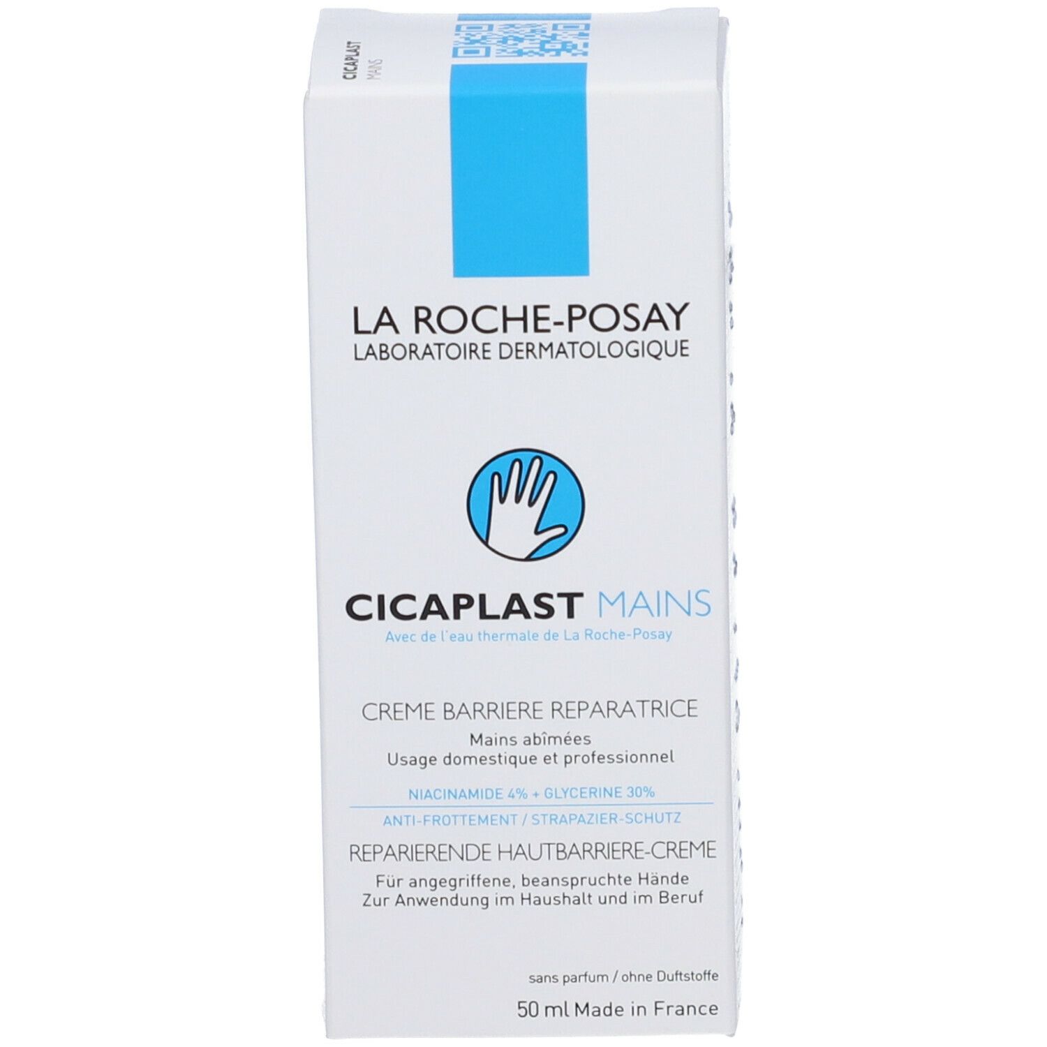 Retro della scatola La Roche-Posay Cicaplast Mains. Testo e informazioni sul prodotto. Confezione bianca.