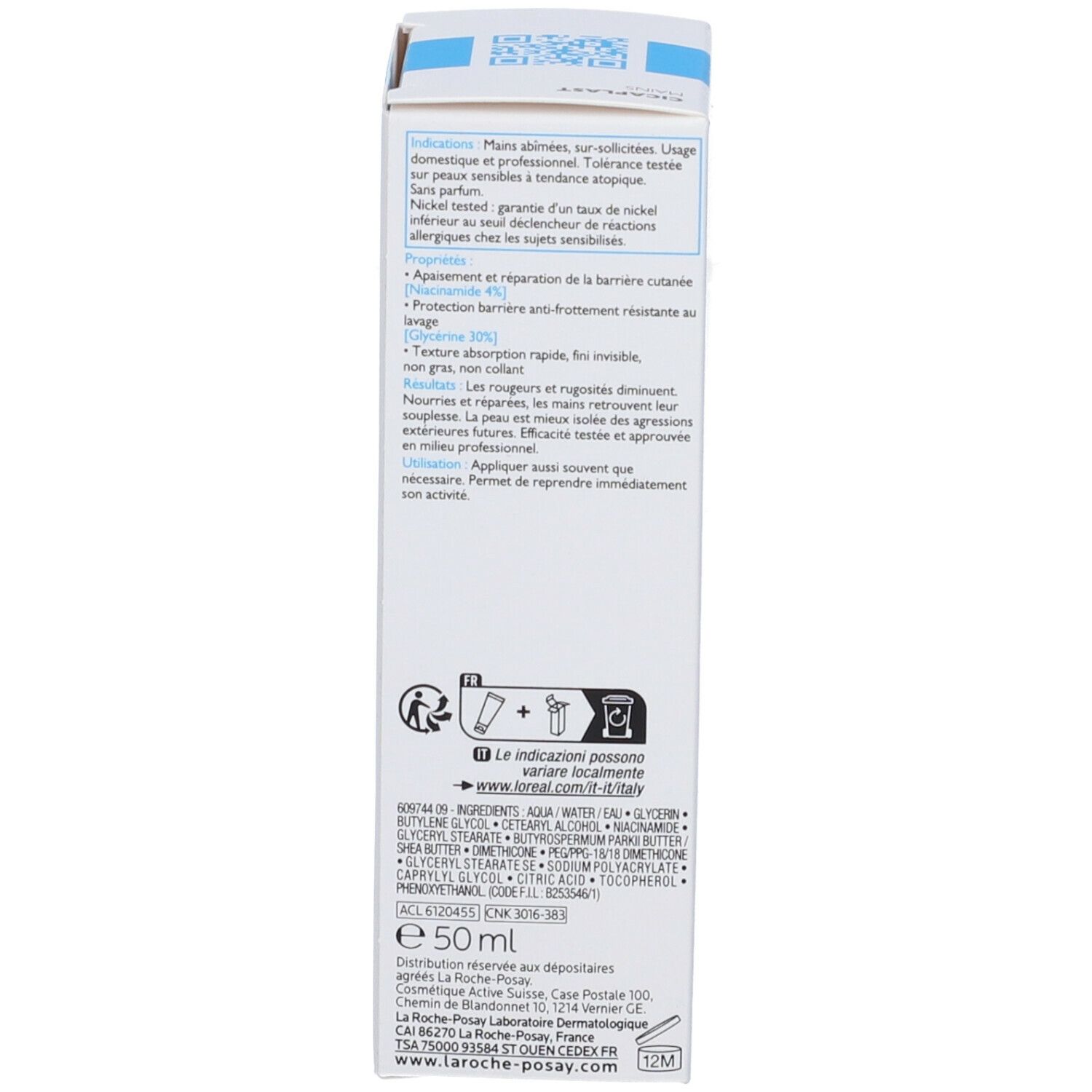 Retro del tubo La Roche-Posay Cicaplast Mains. Testo e informazioni sul prodotto. Tubo bianco con tappo blu.