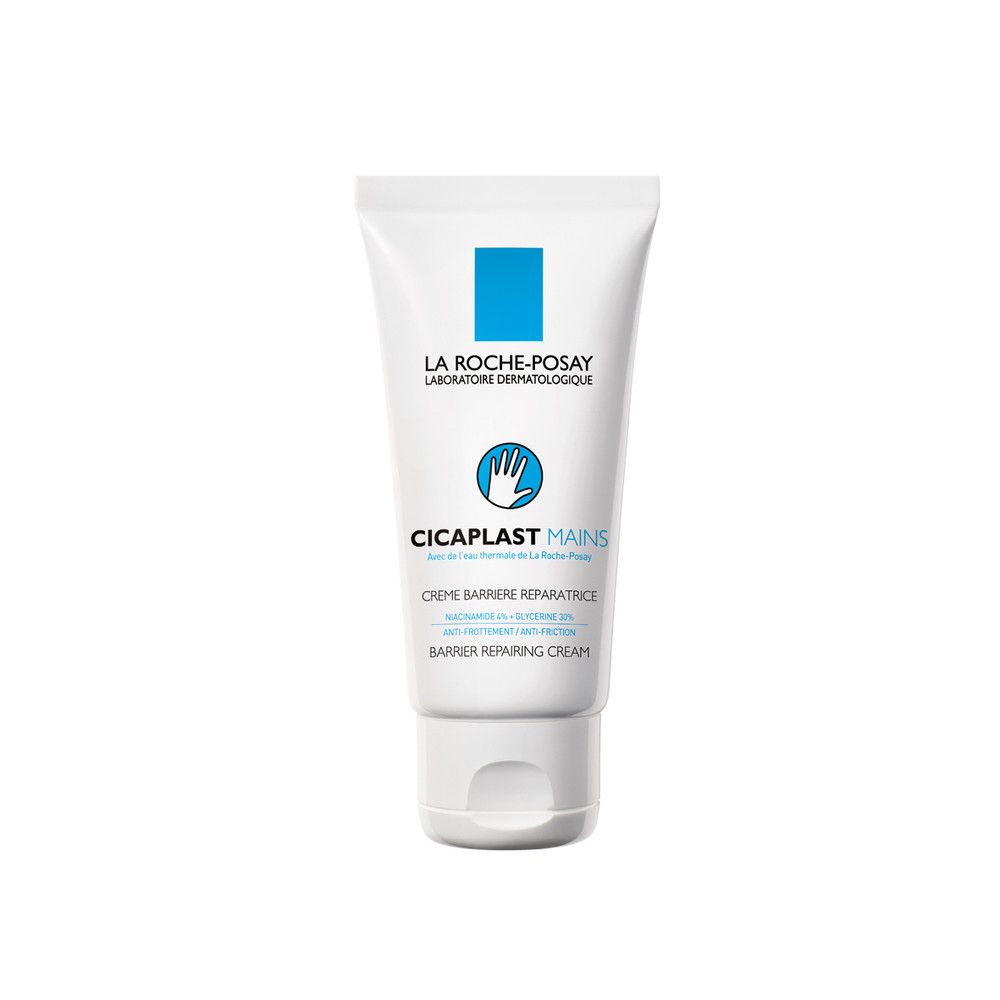 La Roche-Posay Cicaplast Mains. Tubo bianco con accento blu. Scritta: Crème Barrière Réparatrice. Crema per le mani.
