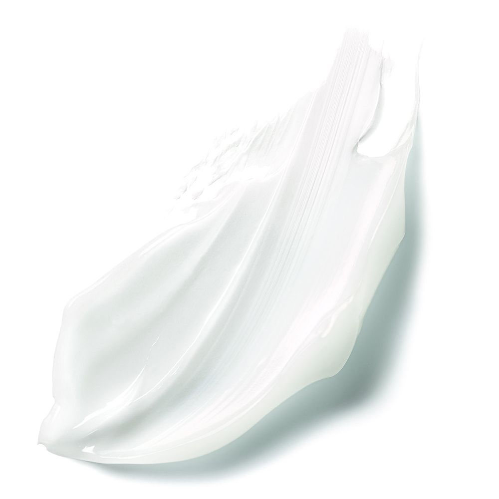 Prodotto in crema bianco, a forma di onda su sfondo bianco. Texture lucida. Prodotto per la cura delle mani.