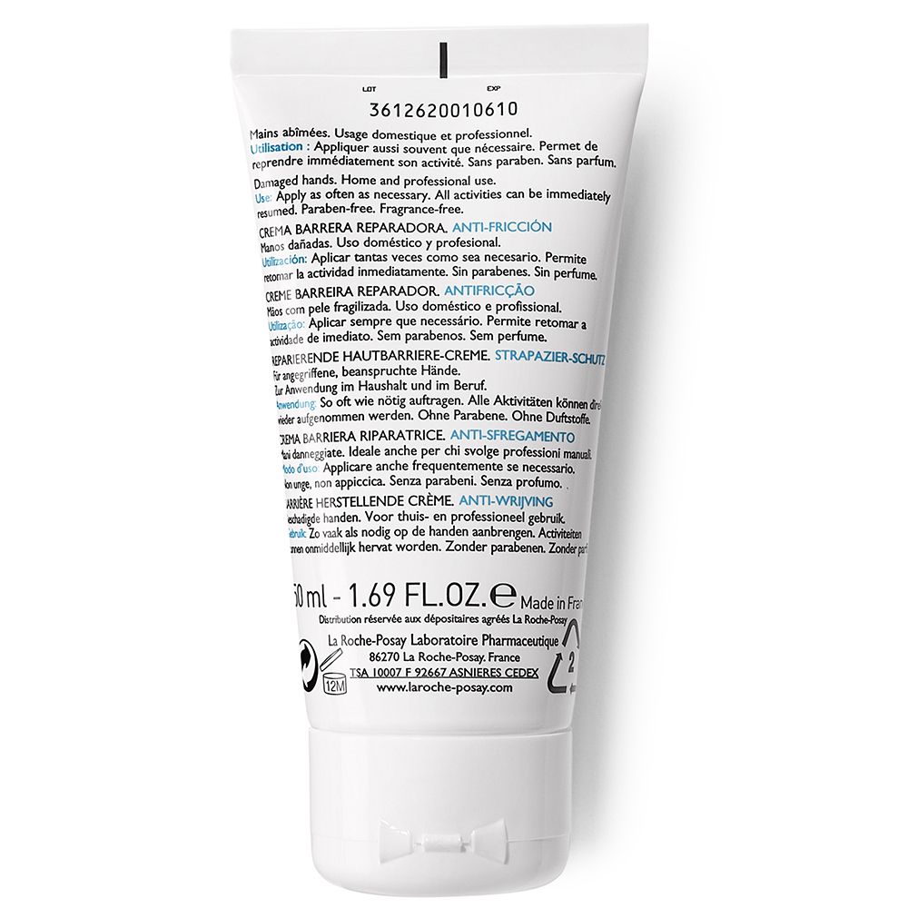 Retro del tubo La Roche-Posay Cicaplast Mains. Testo e informazioni sul prodotto. Tubo bianco con tappo blu.