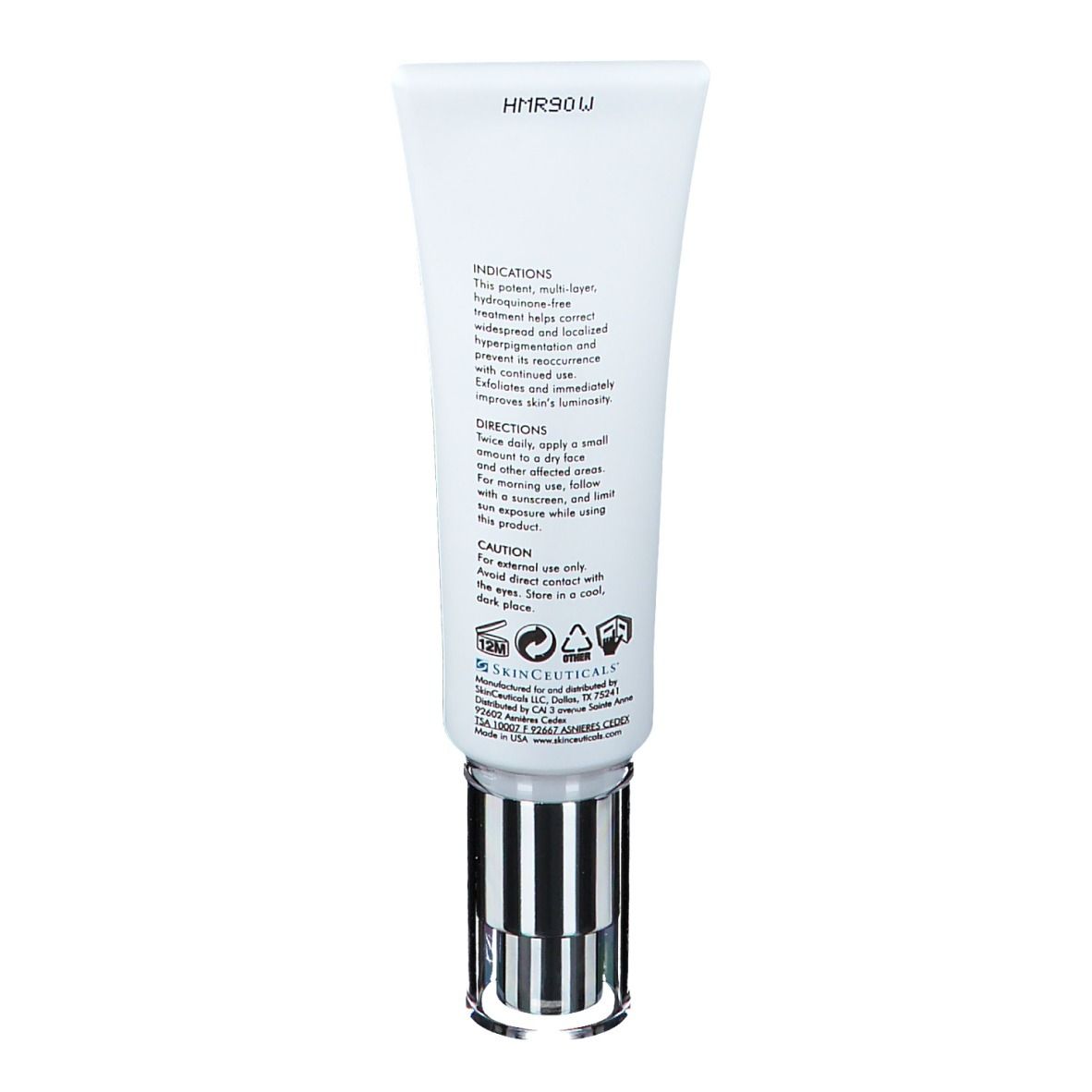 Dos du tube avec informations produit. Contient instructions, ingrédients et coordonnées du fabricant.