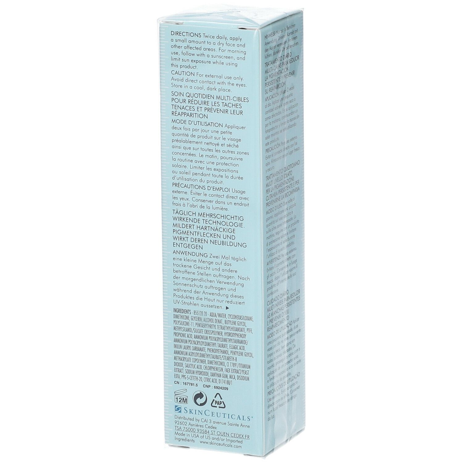 Emballage bleu clair avec informations produit. Contient instructions et précautions en plusieurs langues.