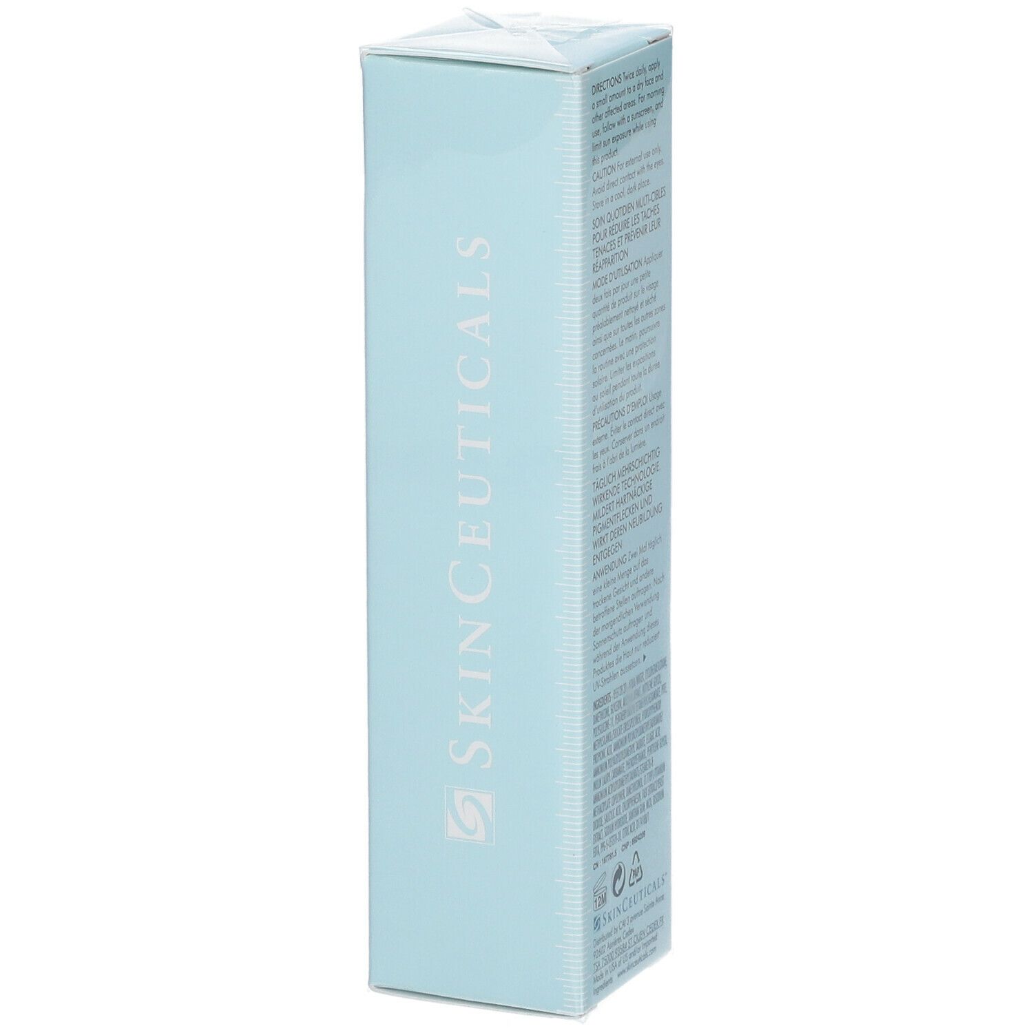 Emballage bleu clair SkinCeuticals. Nom du produit et logo visibles. Avec film transparent.