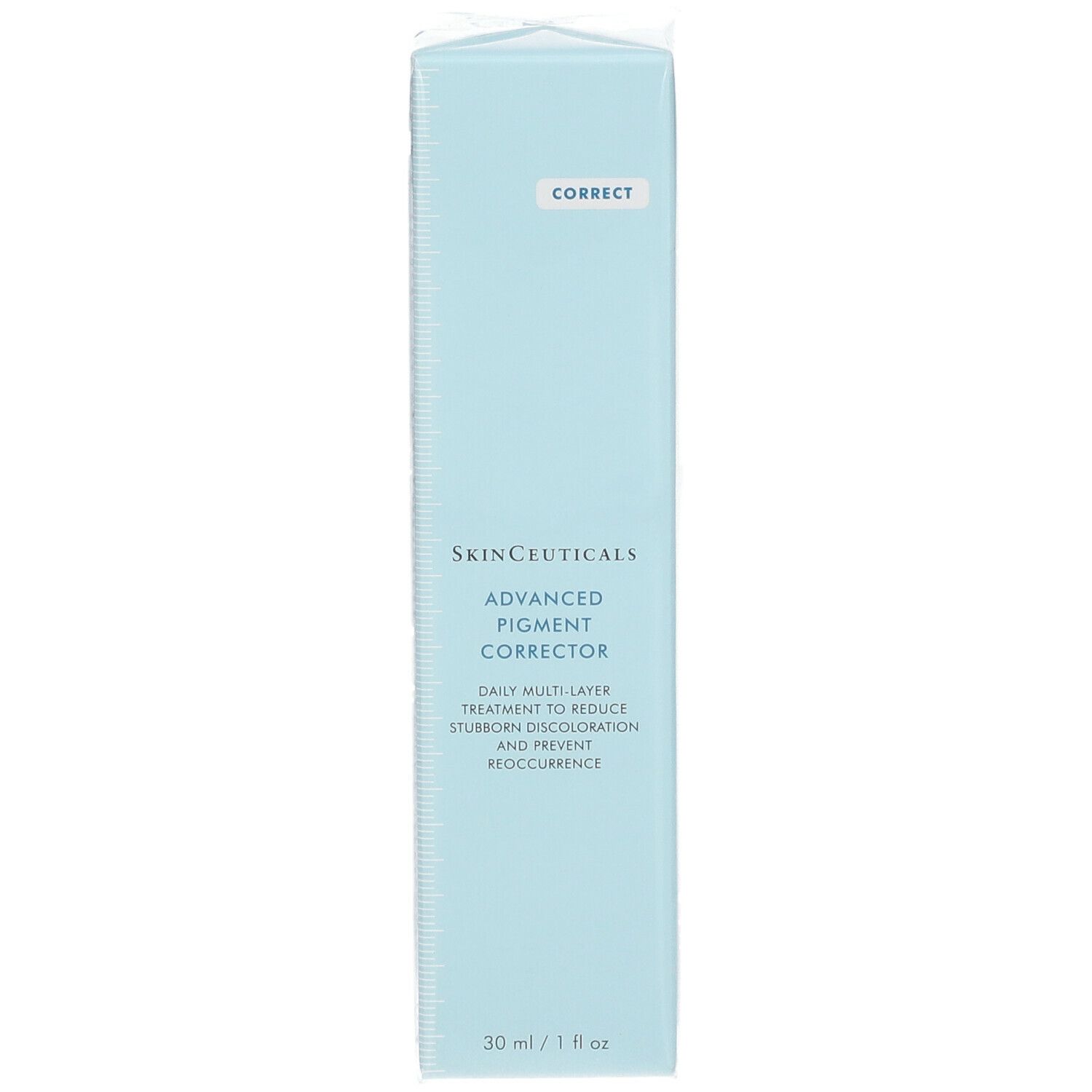 Emballage bleu clair SkinCeuticals. Contient 30 ml. Nom du produit et logo visibles. Avec film transparent.