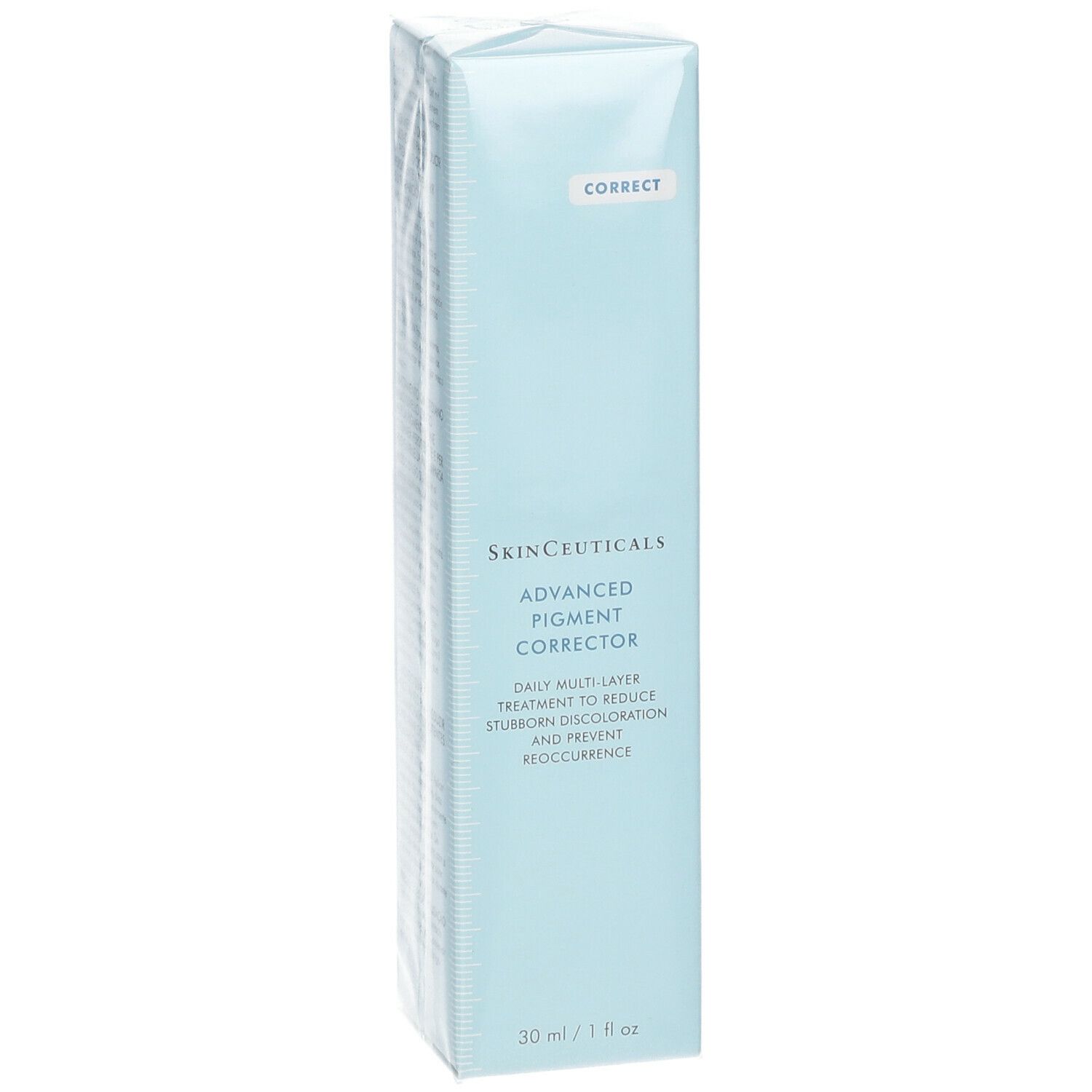 Emballage bleu clair SkinCeuticals. Contient 30 ml. Nom du produit et logo visibles. Avec film transparent.