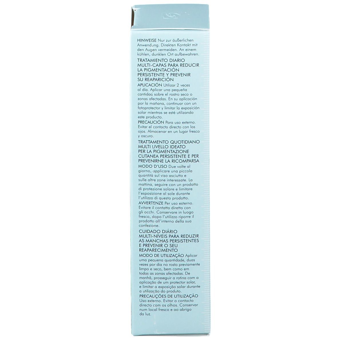Dos de l'emballage avec informations produit. Contient instructions et précautions en plusieurs langues.
