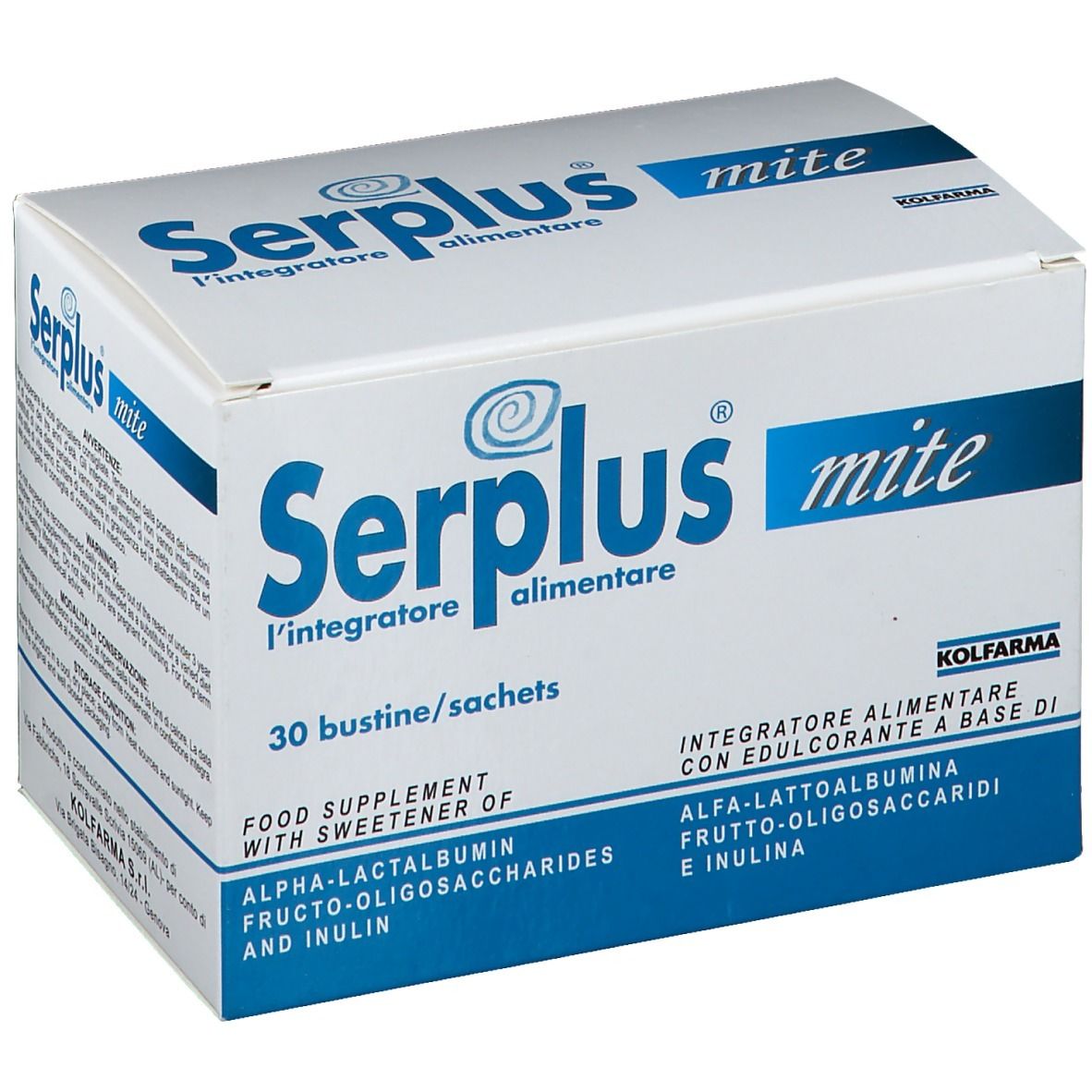 Scatola Serplus mite con 30 bustine. Confezione blu e bianca con testo.