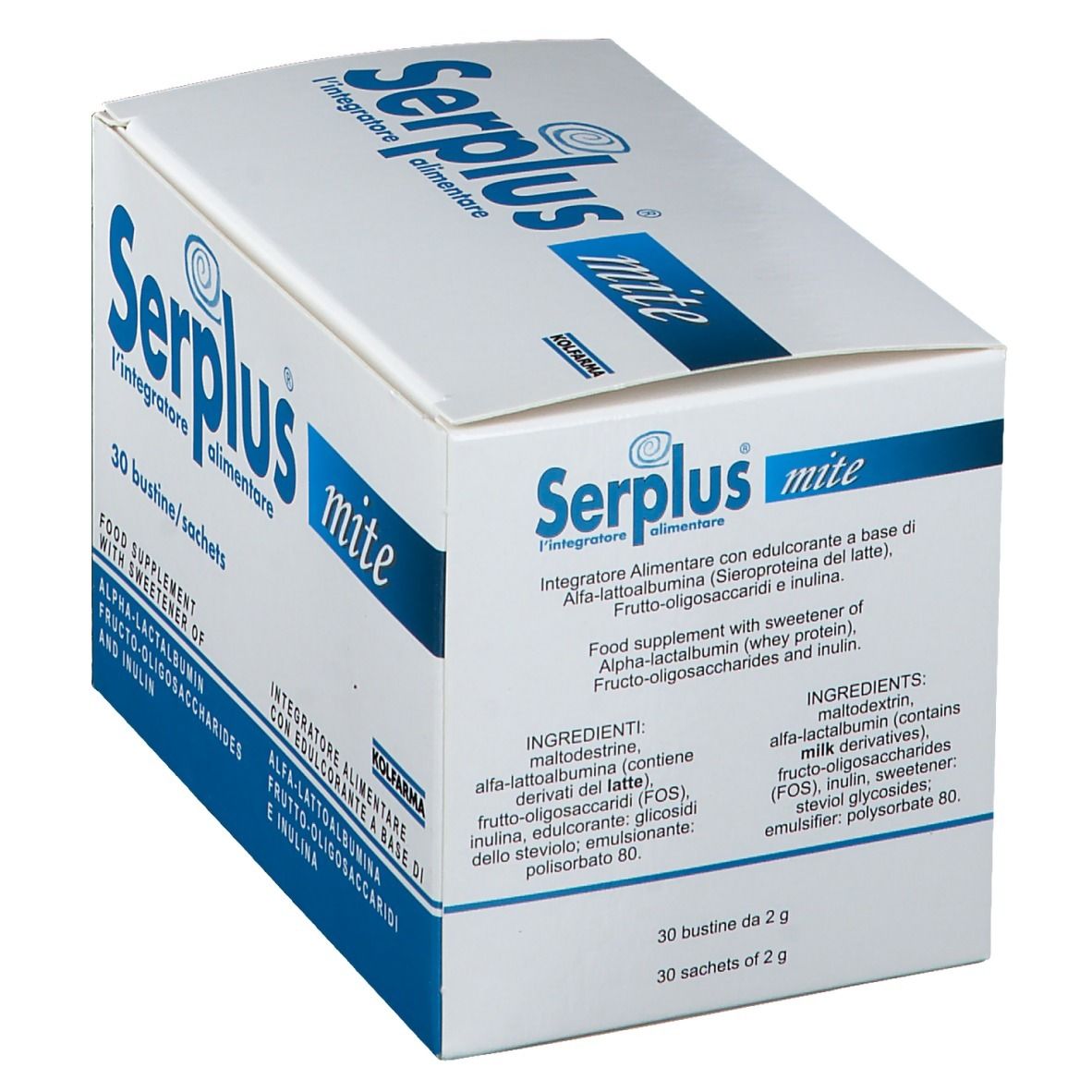 Scatola Serplus mite con 30 bustine. Confezione blu e bianca con testo e ingredienti.