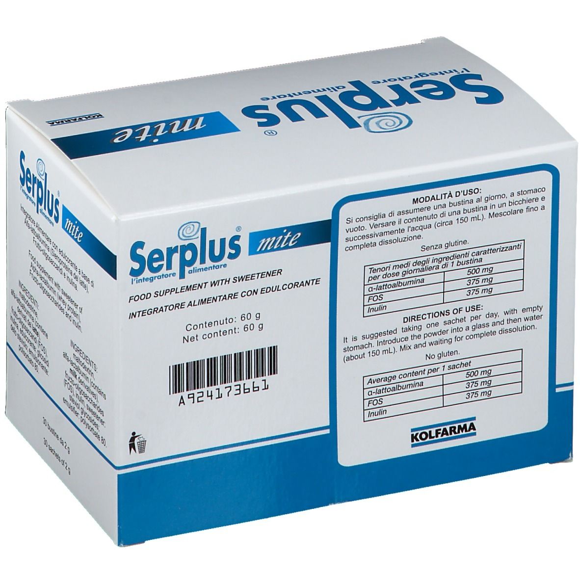 Scatola Serplus mite con 60g di contenuto. Confezione blu e bianca con testo e informazioni.