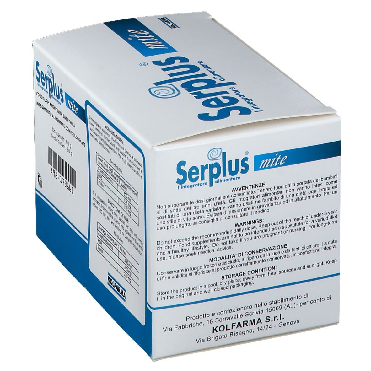 Scatola Serplus mite con testo e avvertenze. Confezione blu e bianca.