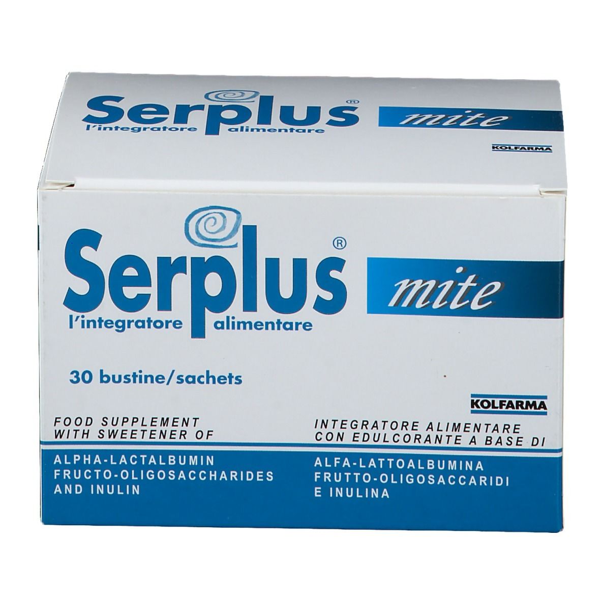 Scatola Serplus mite con 30 bustine. Confezione blu e bianca con testo.