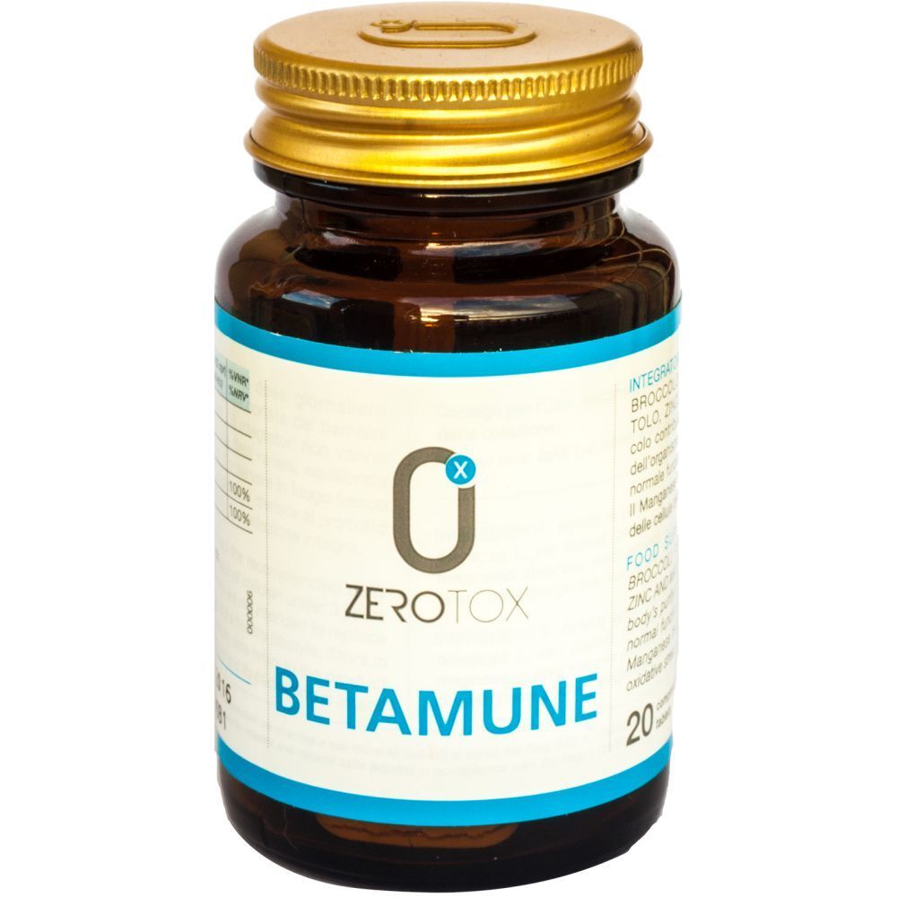 Flacone di vetro marrone con tappo dorato. L'etichetta riporta "Zerotox Betamune".