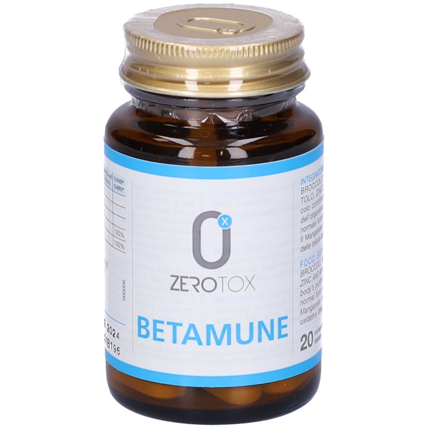 Flacone di vetro marrone con tappo dorato. L'etichetta riporta "Zerotox Betamune".