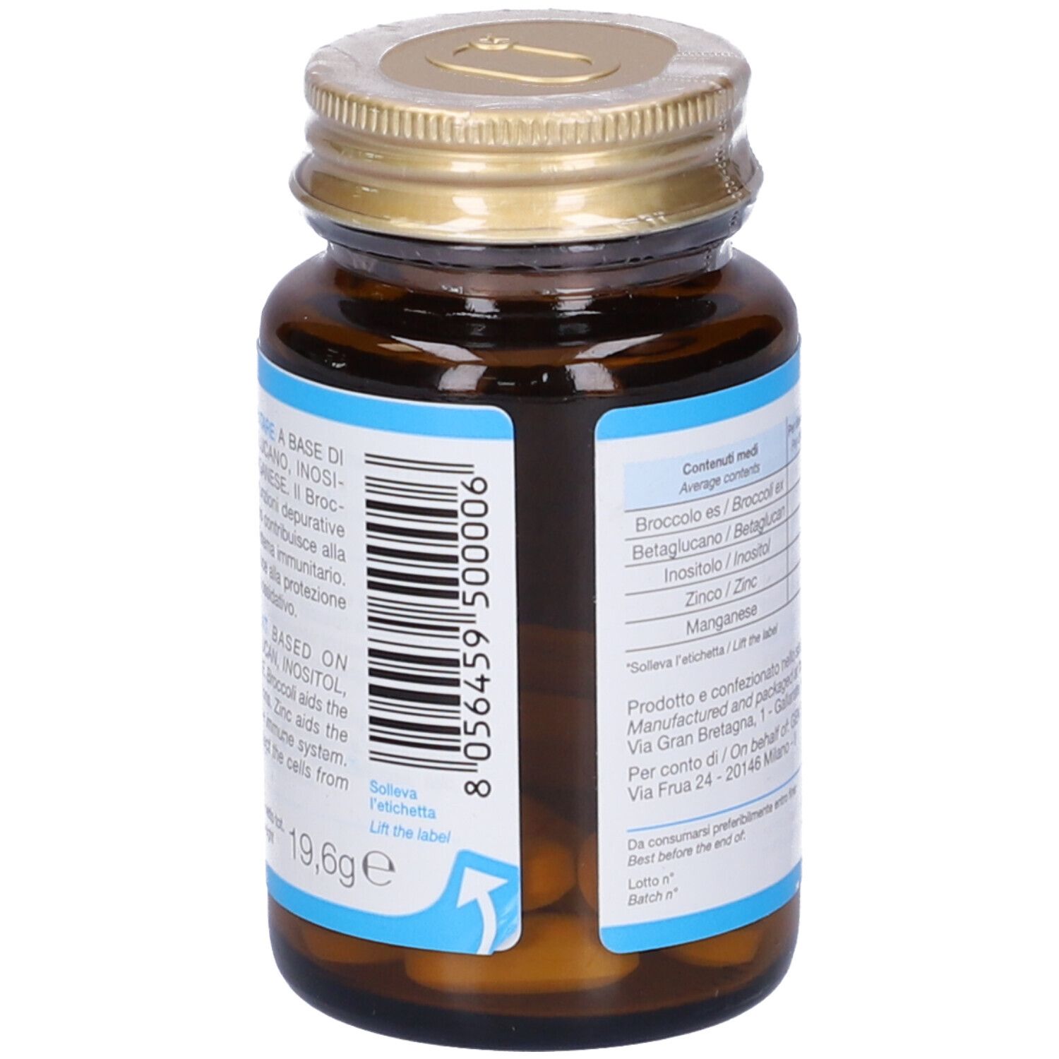 Flacone di vetro marrone con tappo dorato. L'etichetta riporta "Zerotox Betamune".