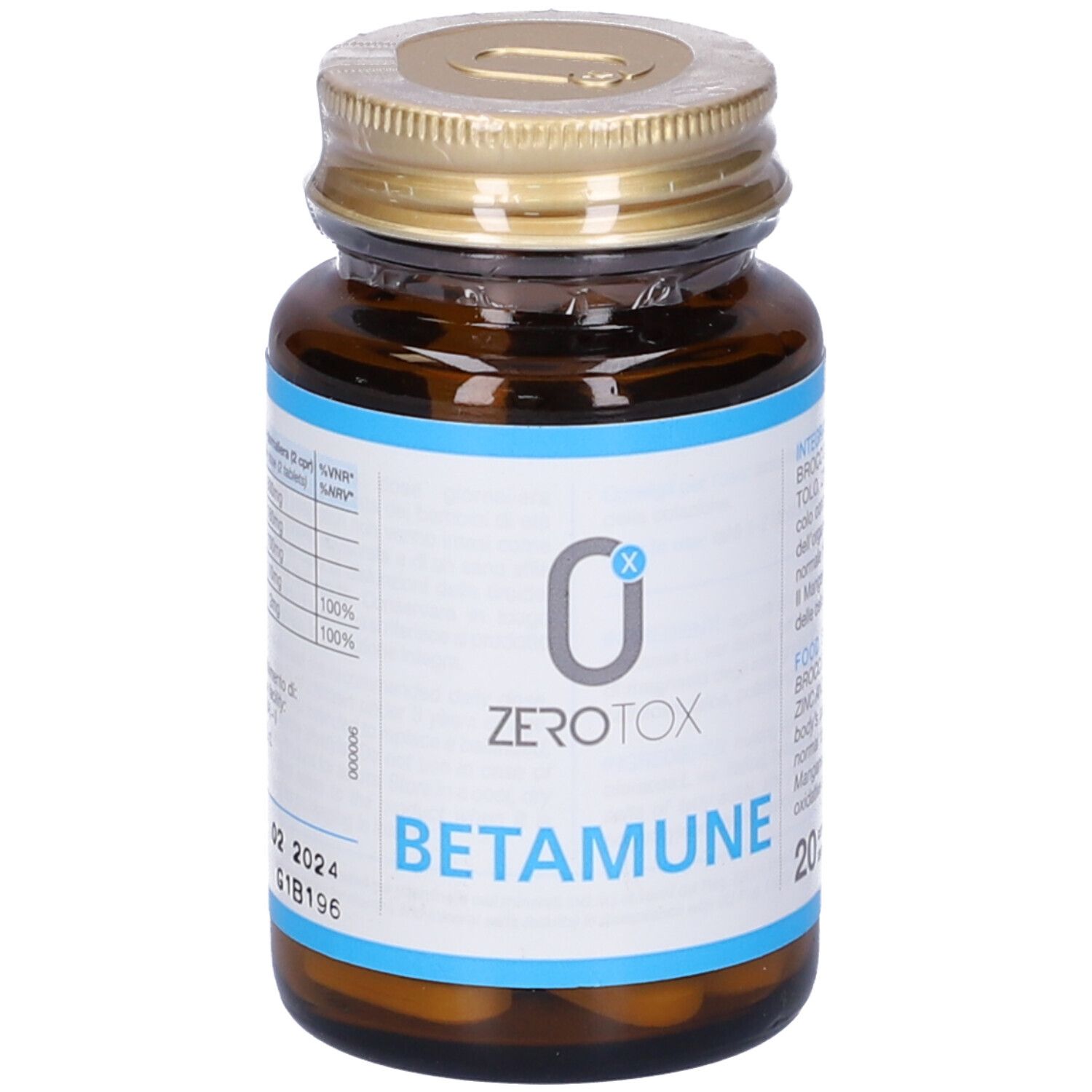 Flacone di vetro marrone con tappo dorato. L'etichetta riporta "Zerotox Betamune".