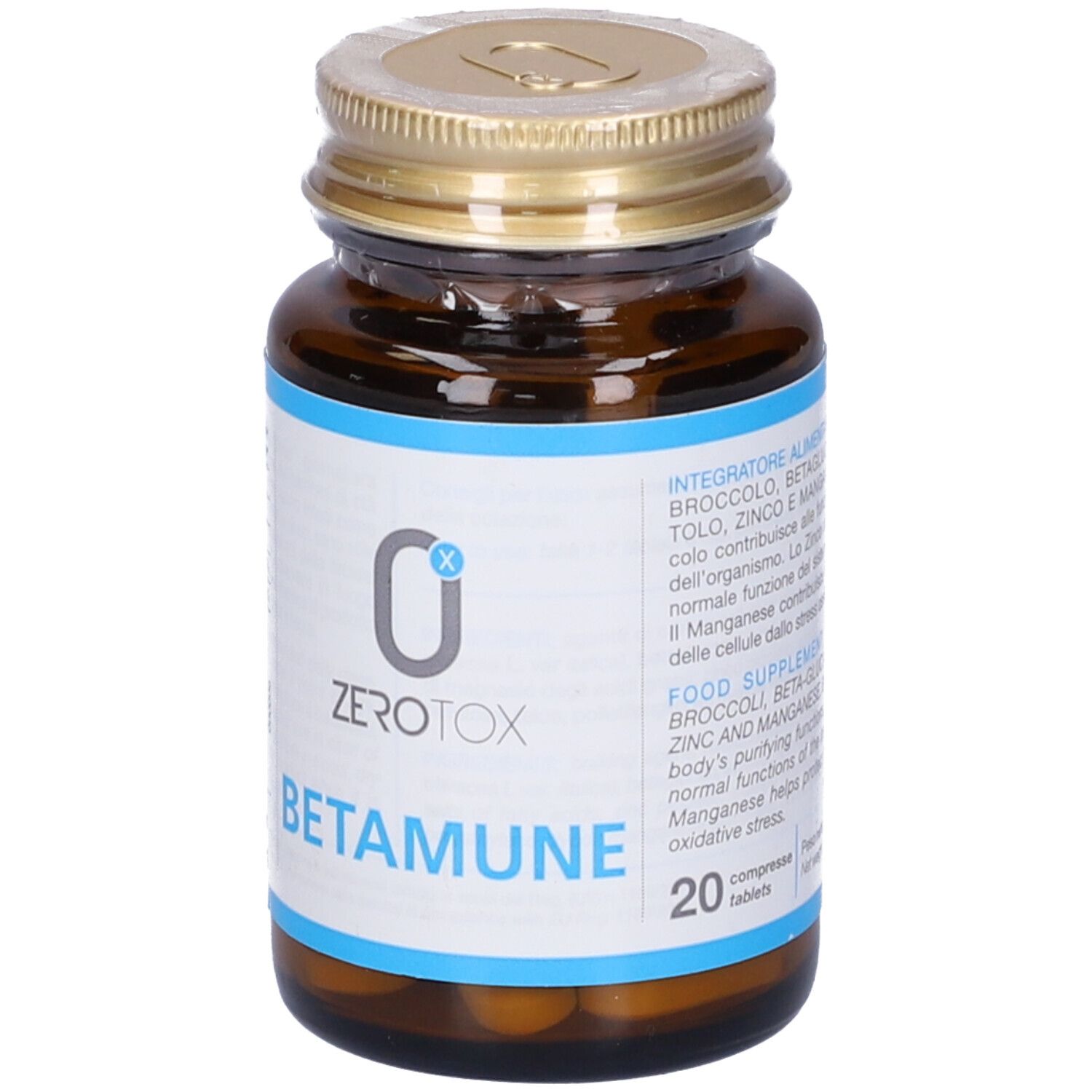 Flacone di vetro marrone con tappo dorato. L'etichetta riporta "Zerotox Betamune".