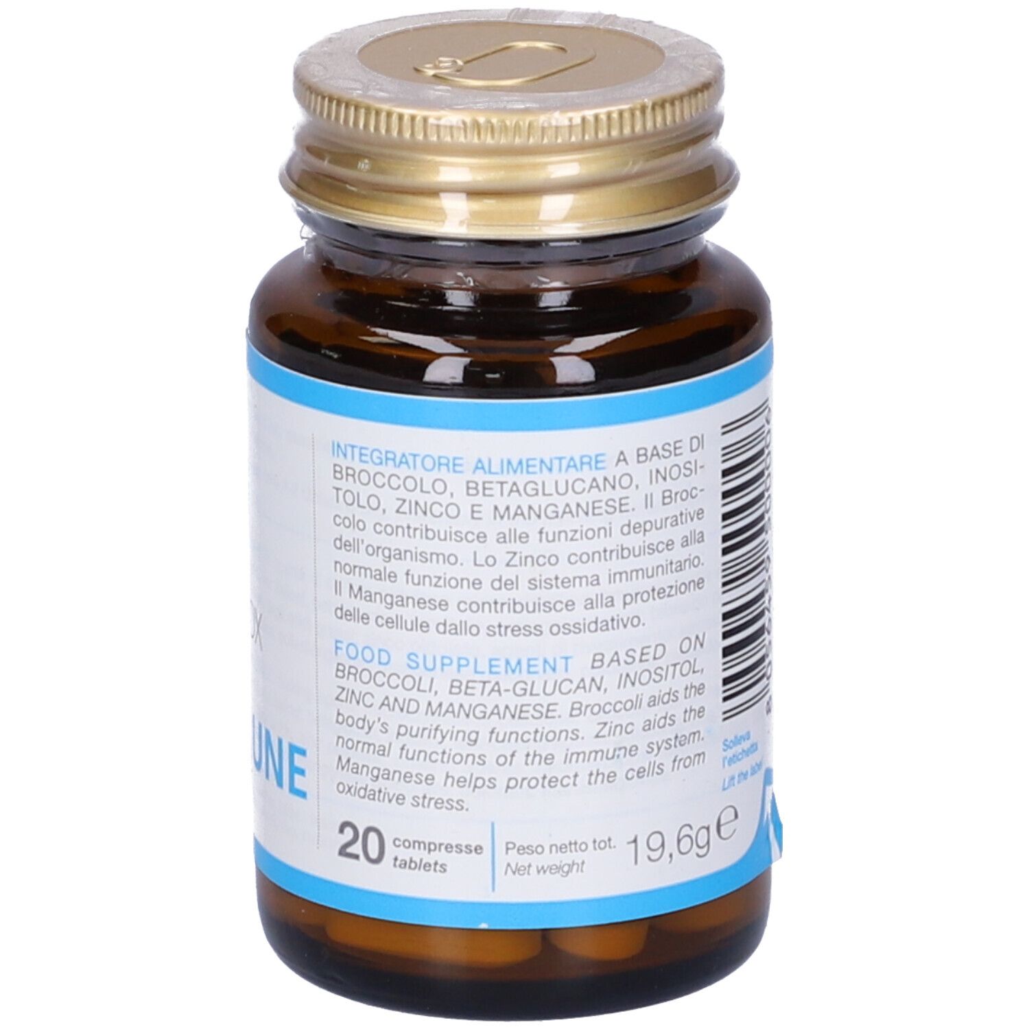 Flacone di vetro marrone con tappo dorato. L'etichetta riporta "Zerotox Betamune".