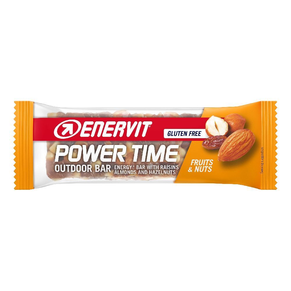 Barretta energetica con uvetta, mandorle e nocciole. Senza glutine. Con logo ENERVIT e POWER TIME.
