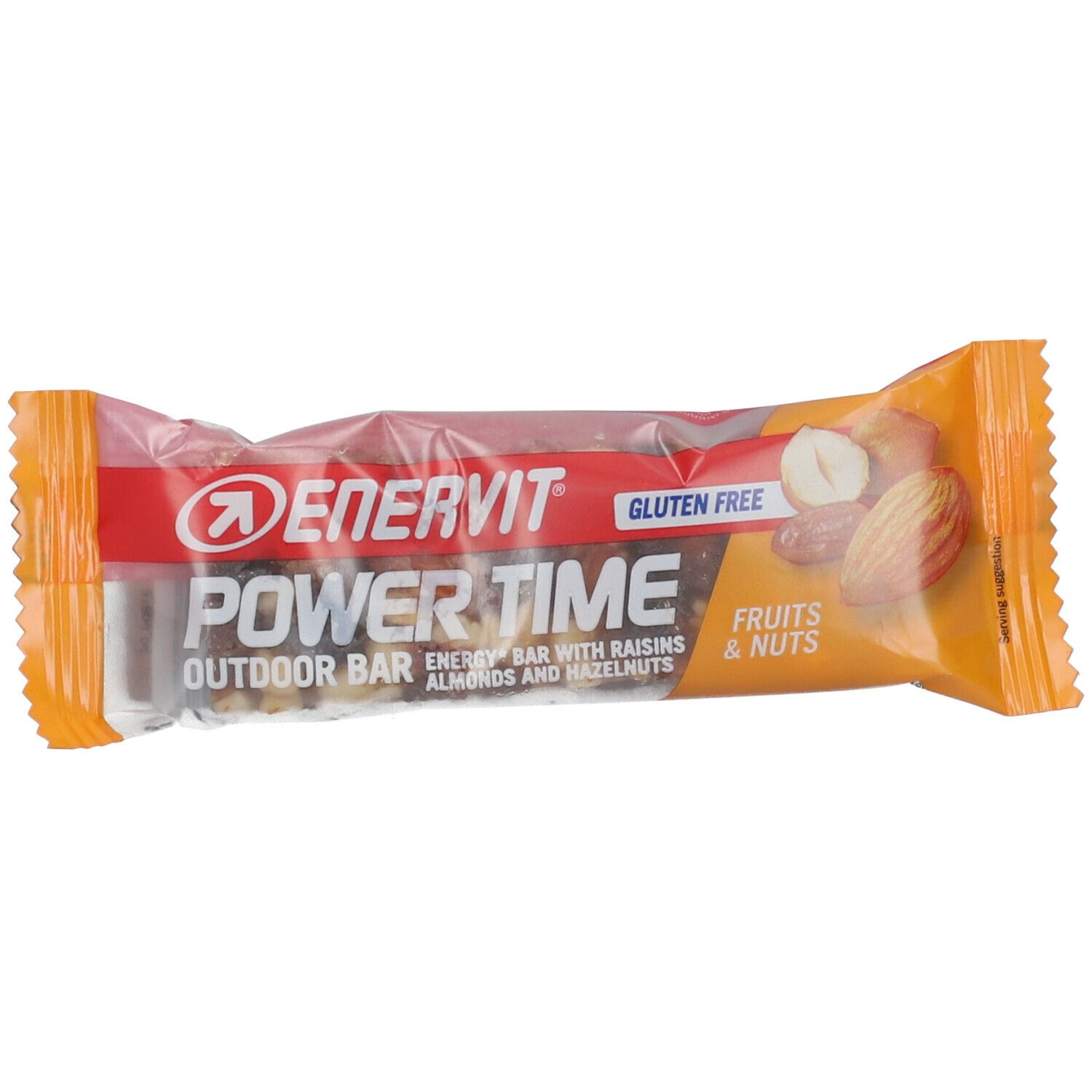 Barretta energetica in confezione trasparente. Logo ENERVIT e POWER TIME. Senza glutine. Con mandorle e nocciole.