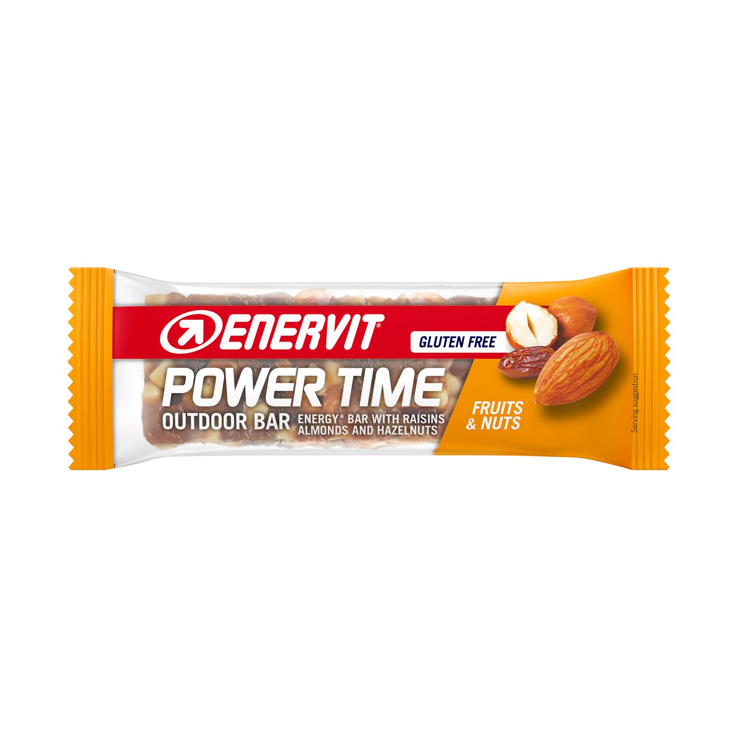 Barretta energetica con uvetta, mandorle e nocciole. Senza glutine. Con logo ENERVIT e POWER TIME.
