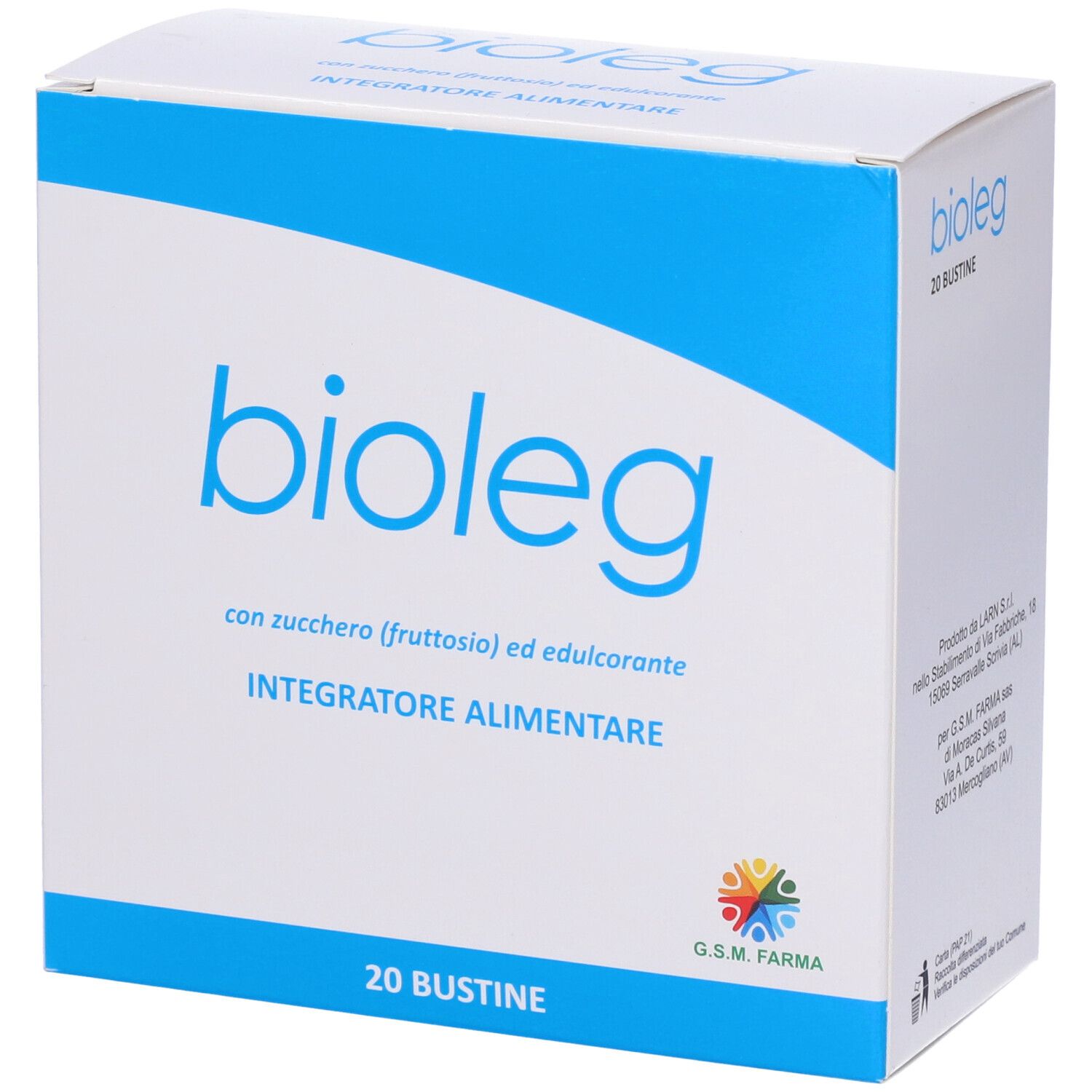 Scatola 'bioleg' con '20 Bustine'. Confezione blu e bianca. Testo 'Integratore Alimentare'.