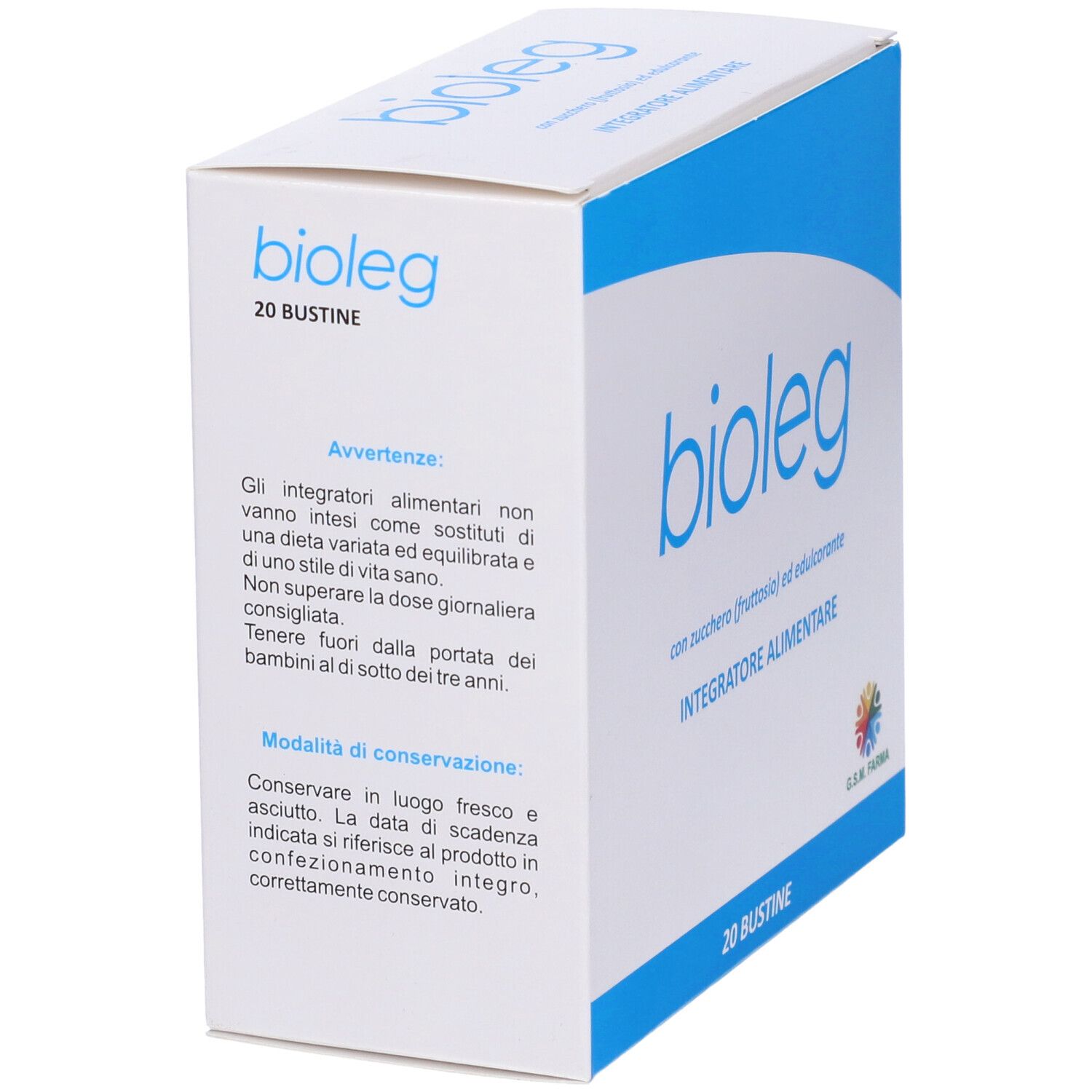 Scatola 'bioleg' con testo. Contiene avvertenze e informazioni di conservazione. '20 Bustine' visibile.