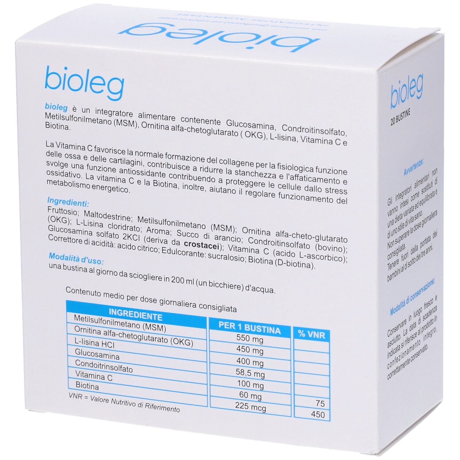 Retro della scatola 'bioleg'. Contiene ingredienti, informazioni nutrizionali e istruzioni per l'uso.