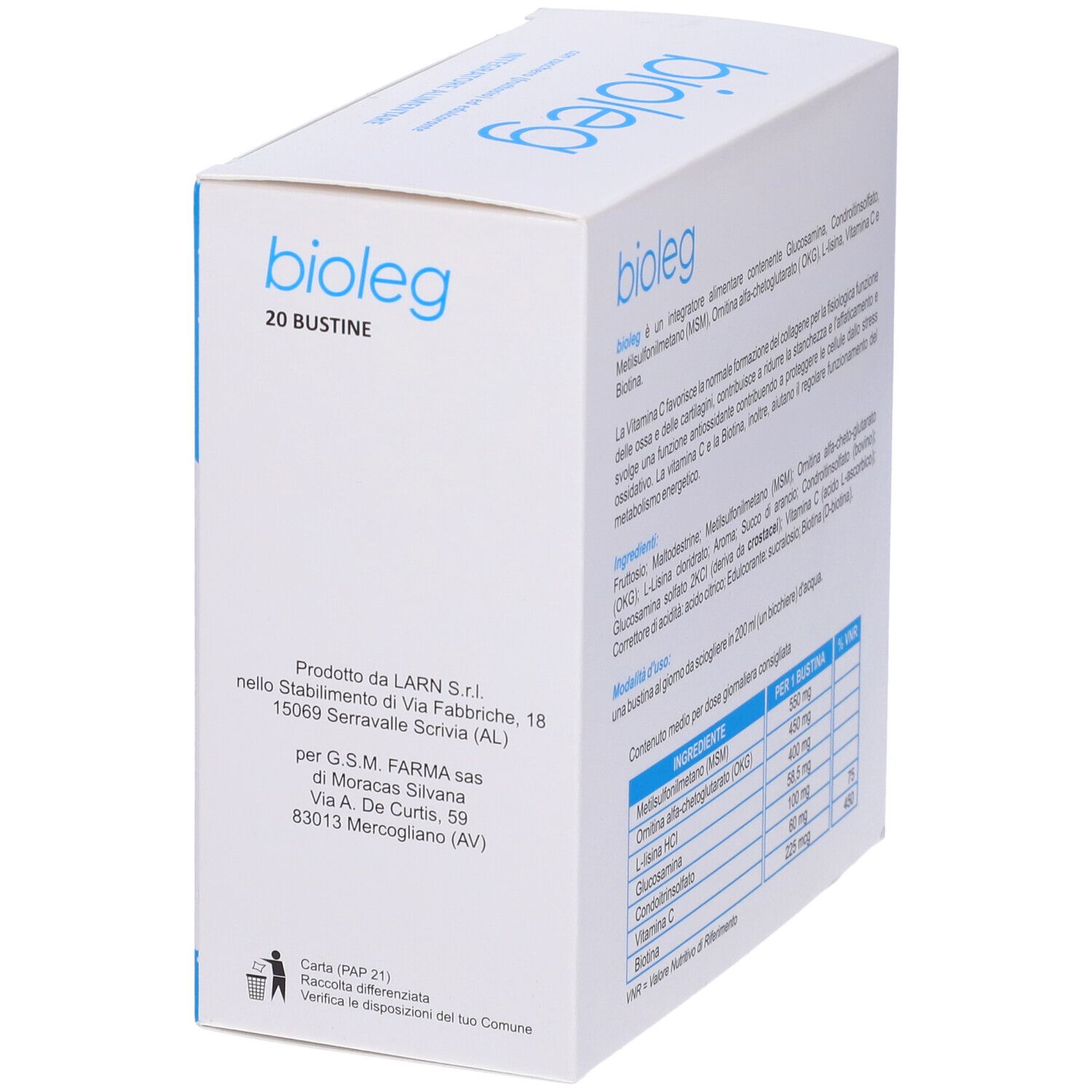 Retro della scatola 'bioleg'. Contiene informazioni del produttore e indicazioni di riciclo.