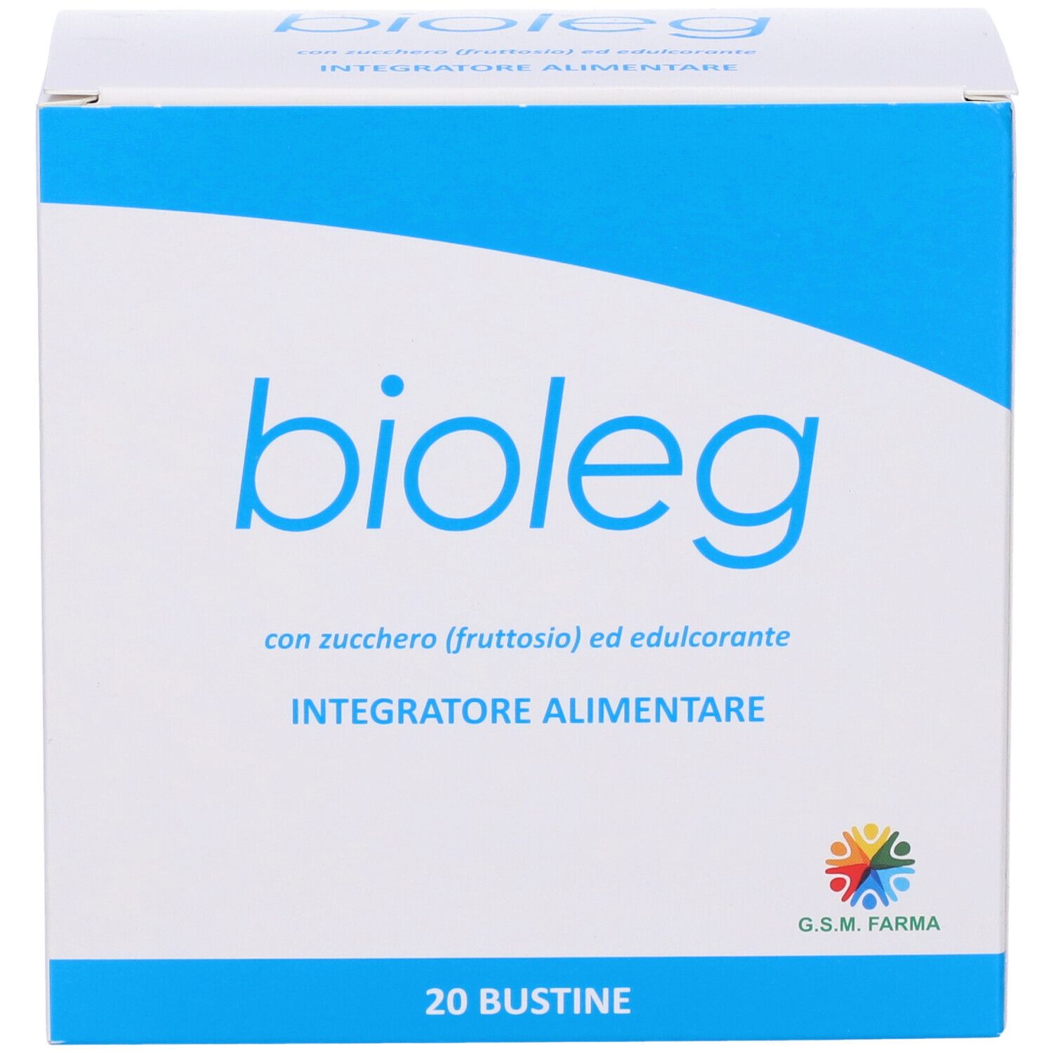 Vista frontale della scatola 'bioleg'. Confezione blu e bianca. '20 Bustine' e 'Integratore Alimentare'.
