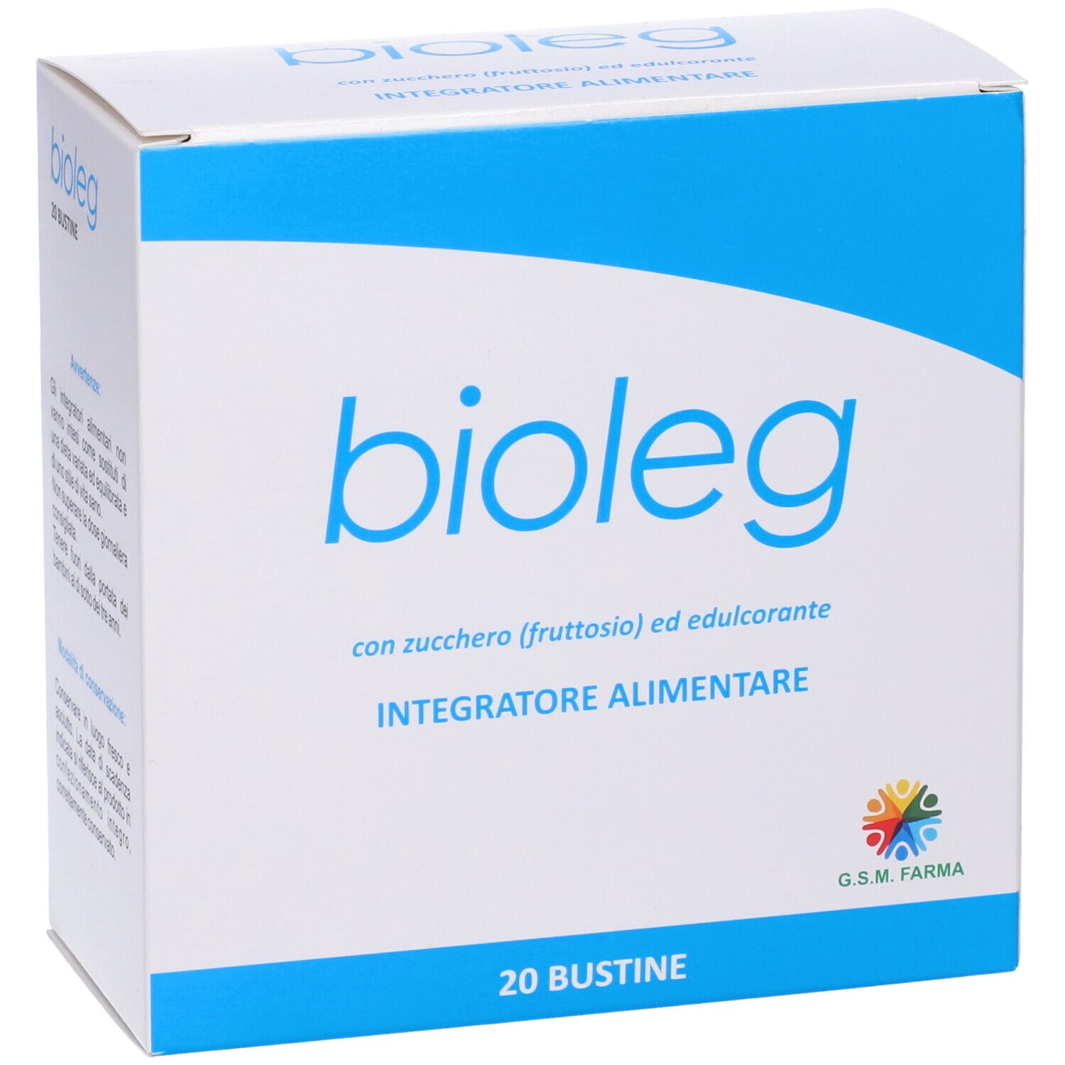 Scatola 'bioleg'. Confezione blu e bianca. Testo '20 Bustine' e 'Integratore Alimentare'.