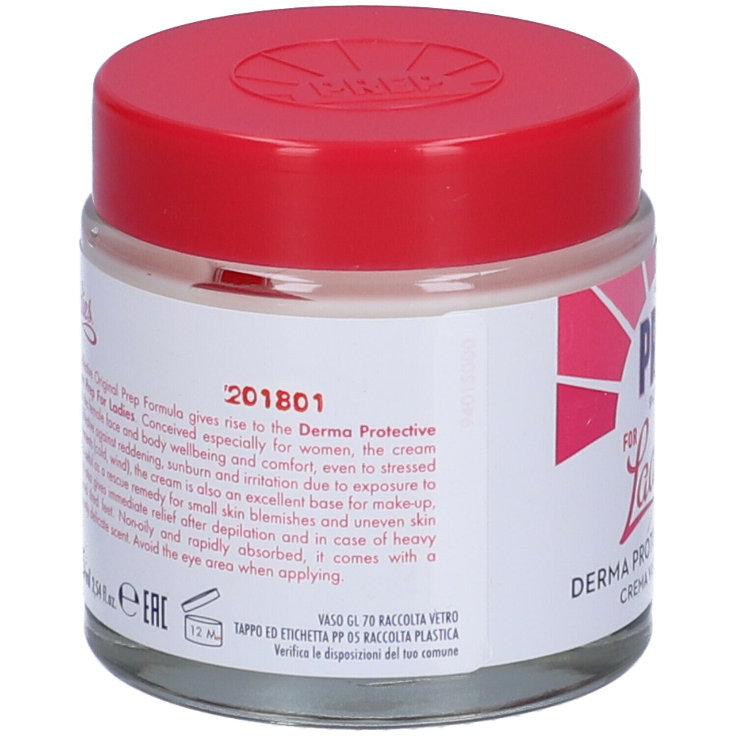 Vasetto con coperchio rosso. Retro con testo. PREP for Ladies, crema viso e corpo.