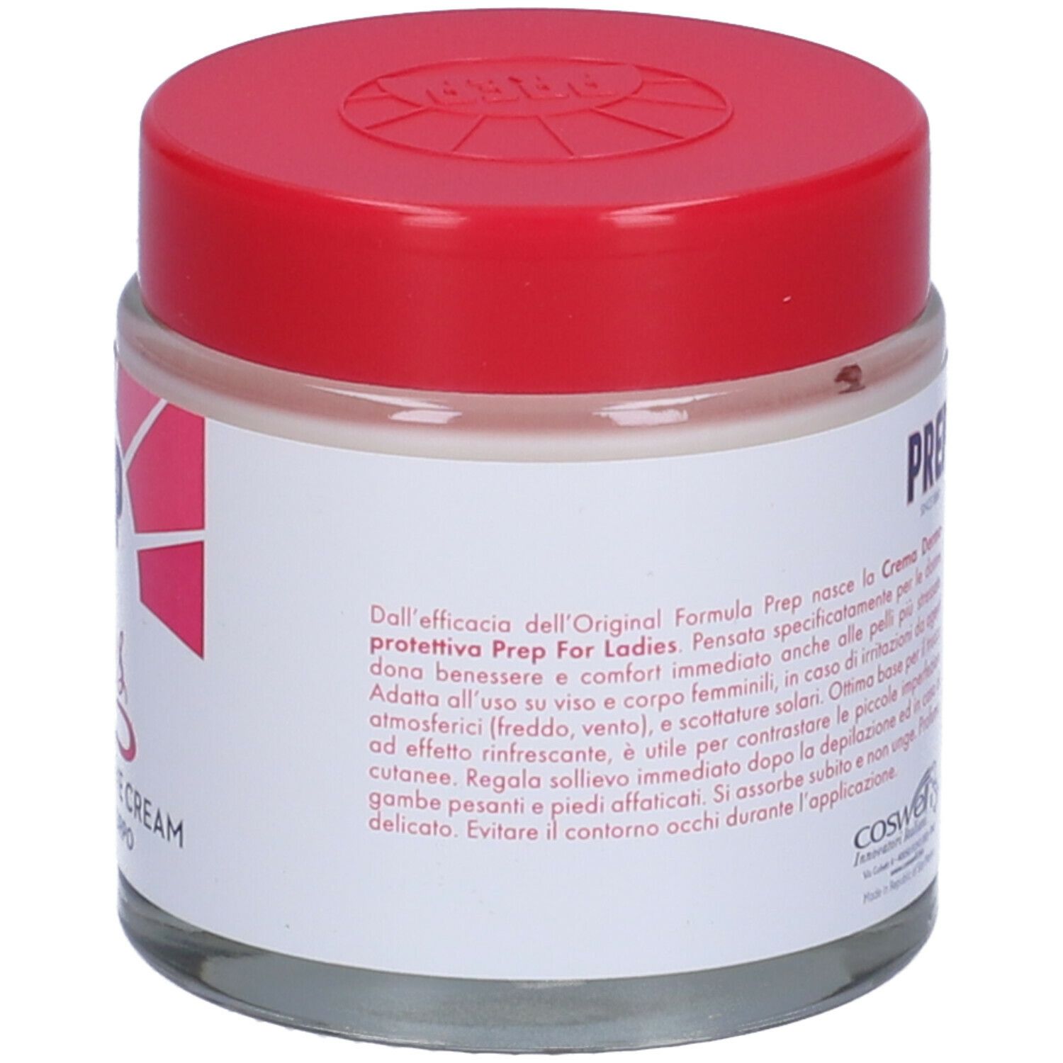 Vasetto con coperchio rosso. Retro con testo. PREP for Ladies, crema viso e corpo.
