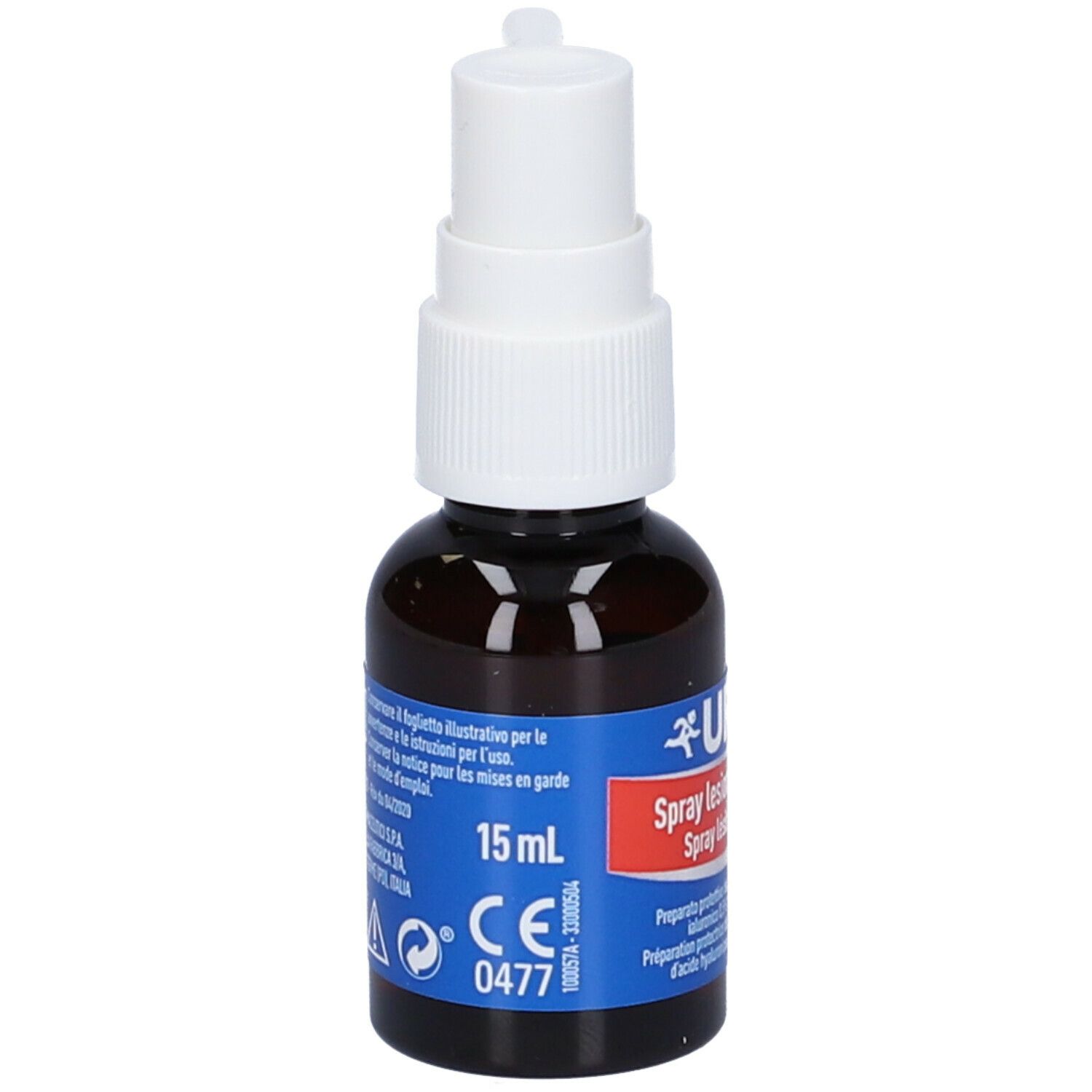 Flacone spray marrone con erogatore bianco. Scritta: 15 ml, CE 0477. Scritta: Spray lesioni della bocca.