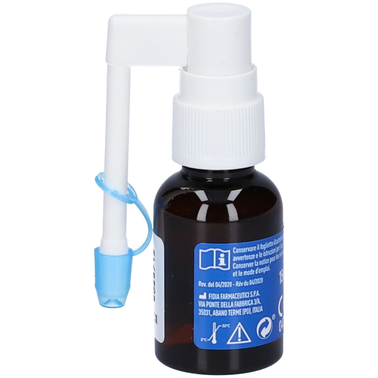 Flacone spray marrone con erogatore bianco e applicatore blu. Scritta: Informazioni. Scritta: Spray lesioni della bocca.