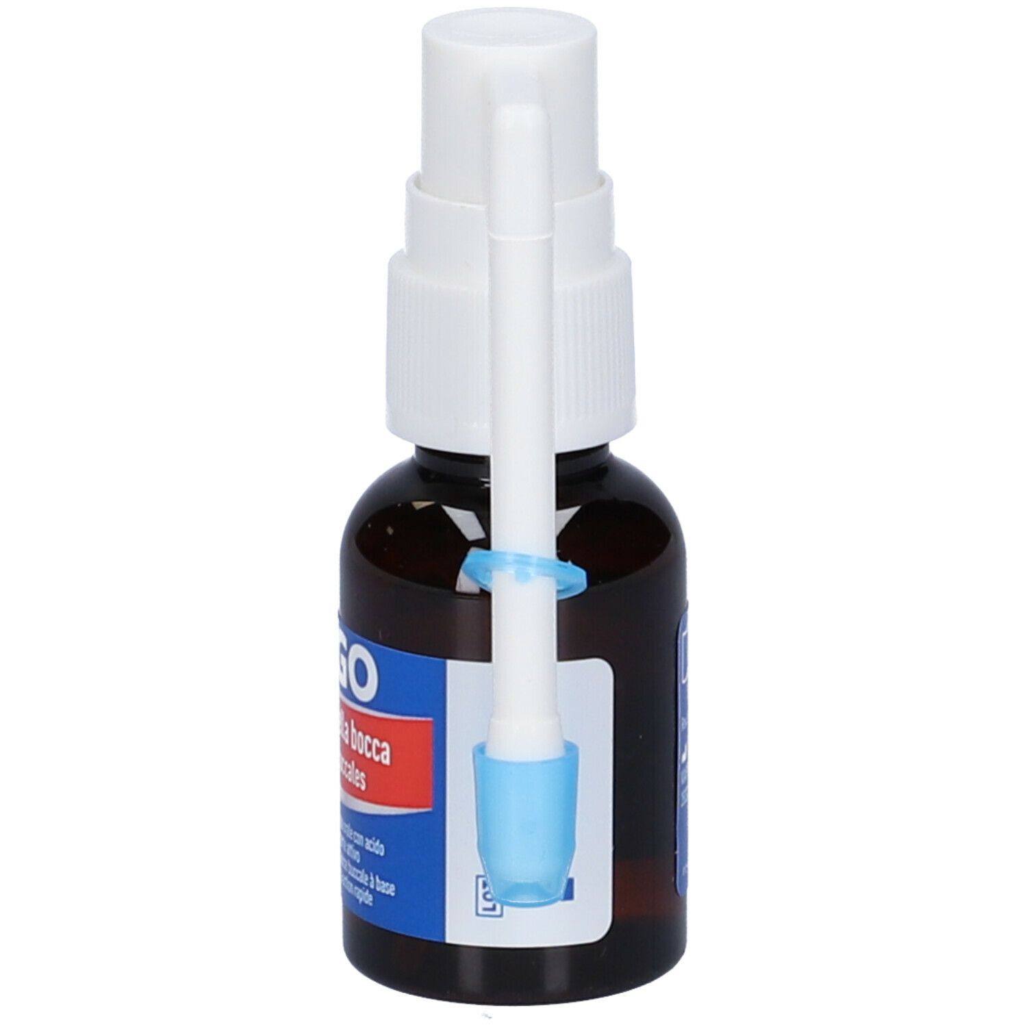 Flacone spray marrone con erogatore bianco e applicatore blu. Scritta: URGO Spray lesioni della bocca.