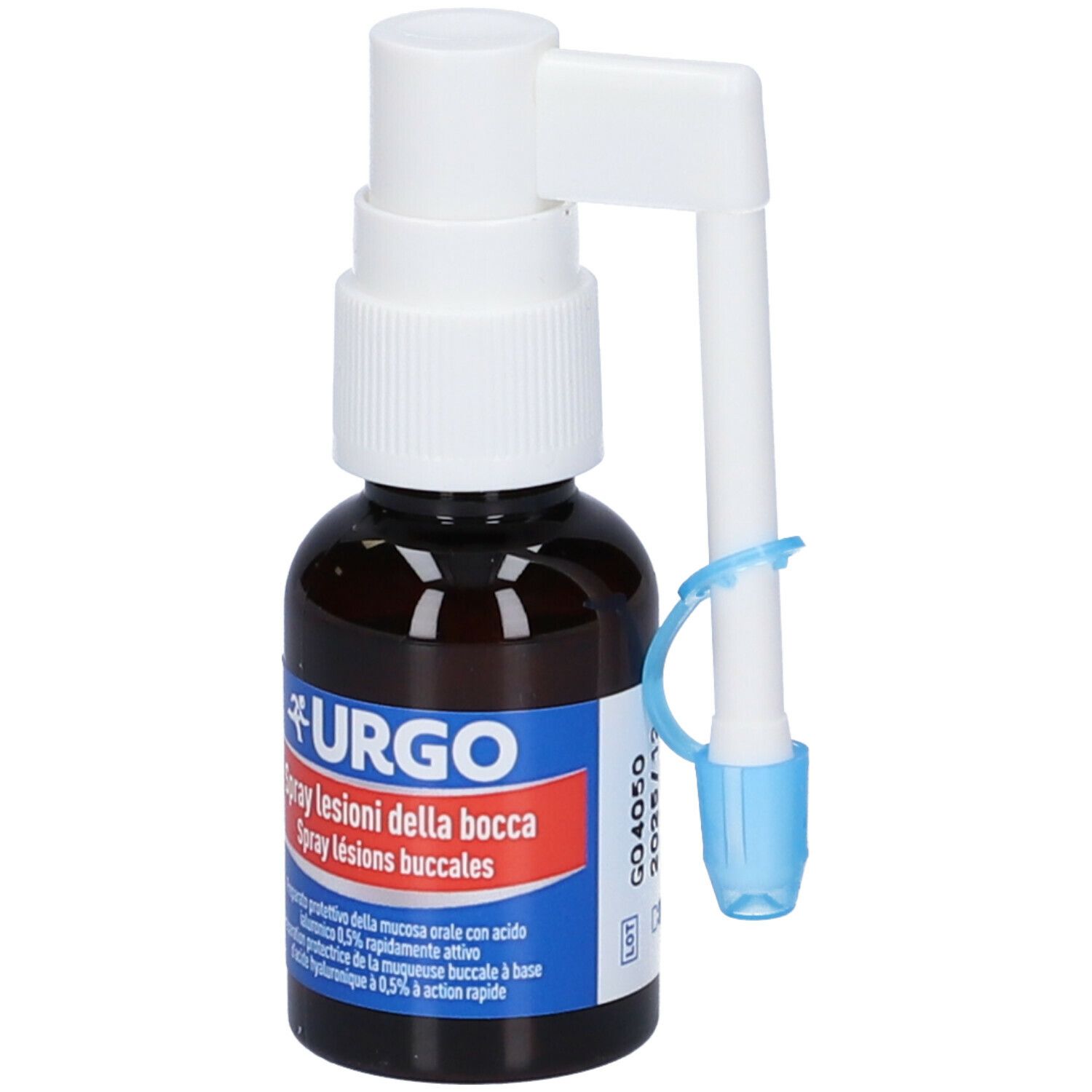 Flacone spray marrone con erogatore bianco e applicatore blu. Scritta: URGO Spray lesioni della bocca.