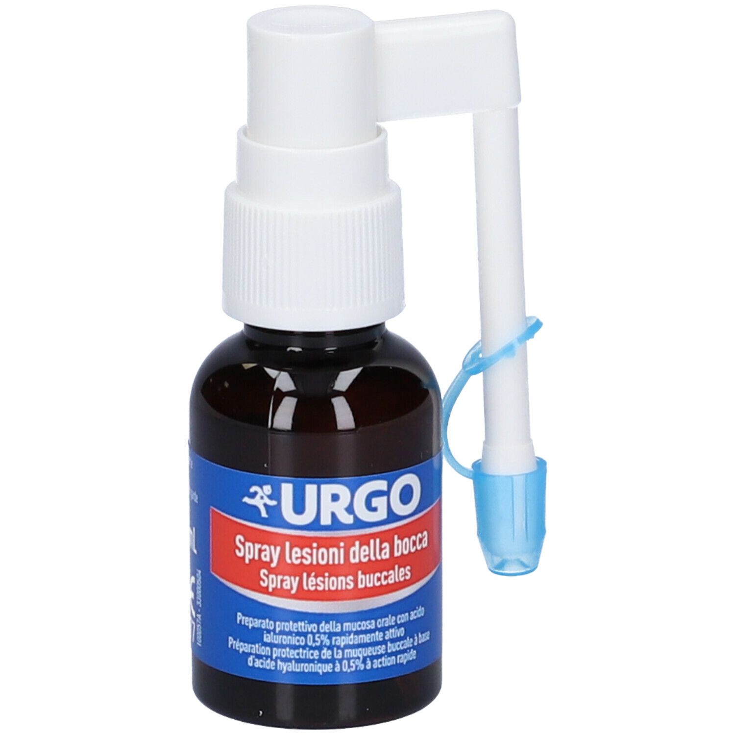 Flacone spray marrone con erogatore bianco e applicatore blu. Scritta: URGO Spray lesioni della bocca.