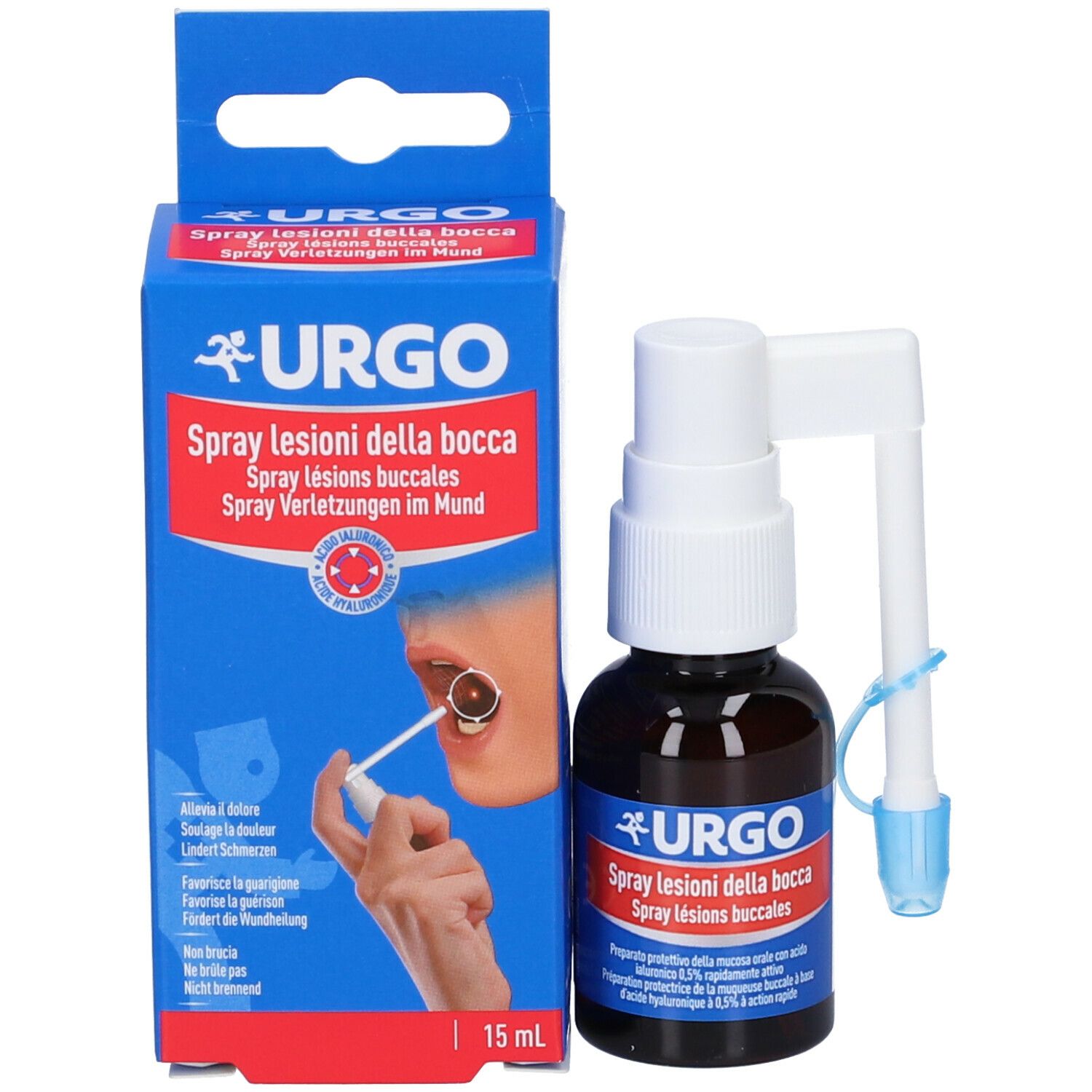 Confezione del prodotto con flacone spray. Scatola blu con nome e illustrazione del prodotto. Flacone: URGO Spray lesioni della bocca.