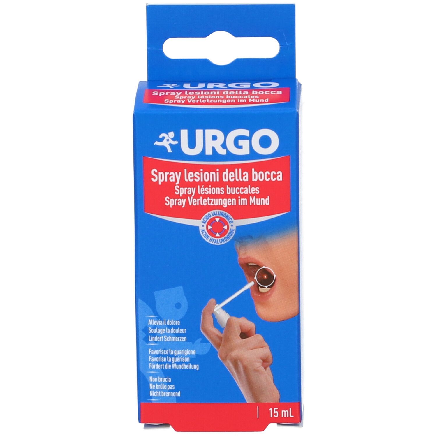 Confezione blu con nome e illustrazione del prodotto. Scritta: 15 ml. Illustrazione di una cavità orale.