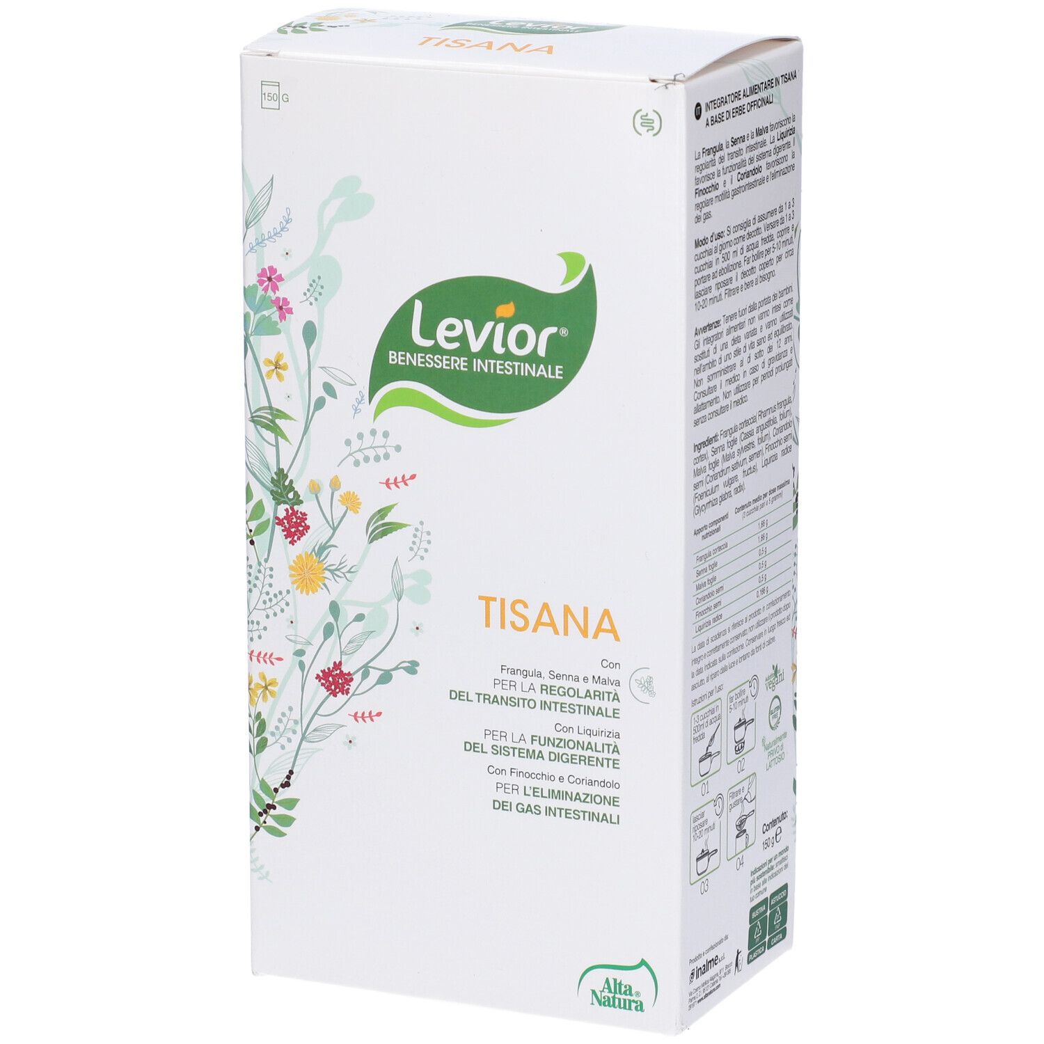 Scatola bianca con "Levior" e "Tisana" in italiano. Design floreale.