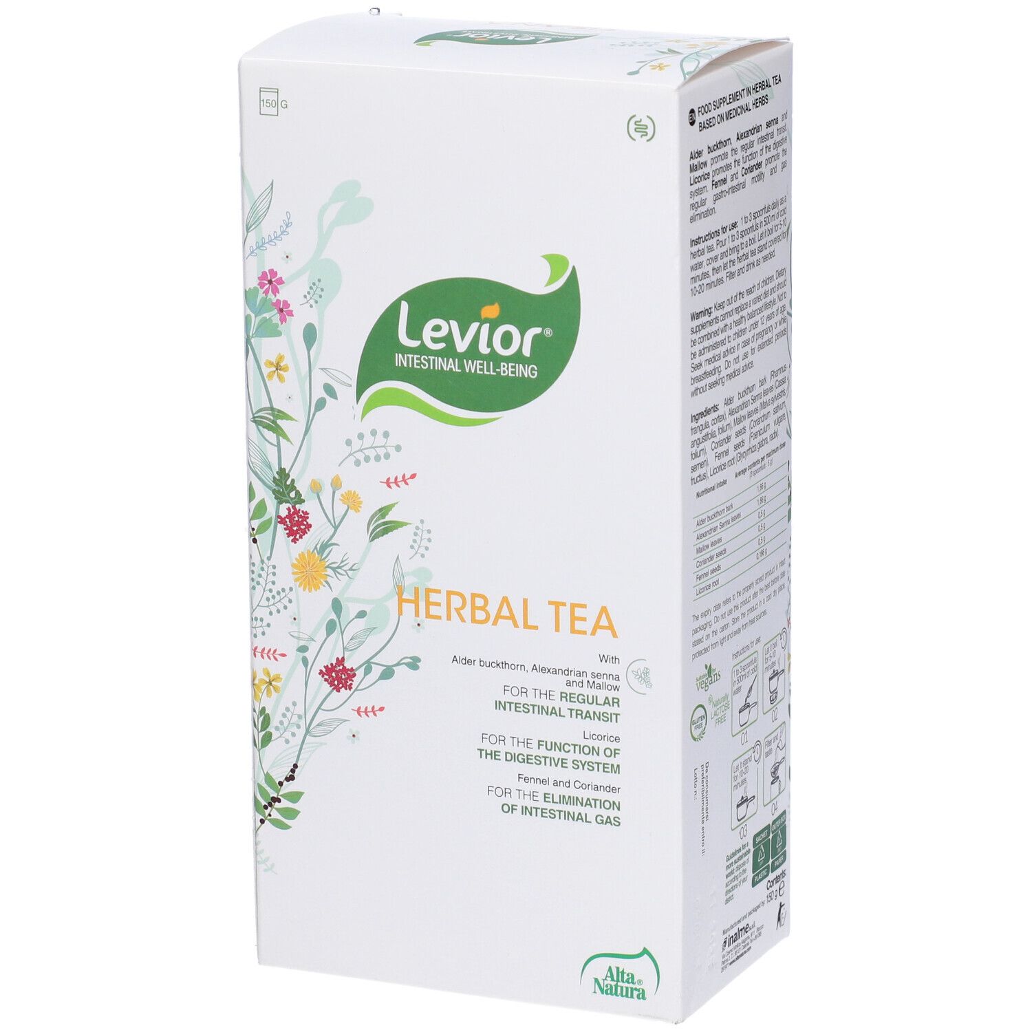 Scatola bianca con "Levior" e "Herbal Tea" in inglese. Design floreale.