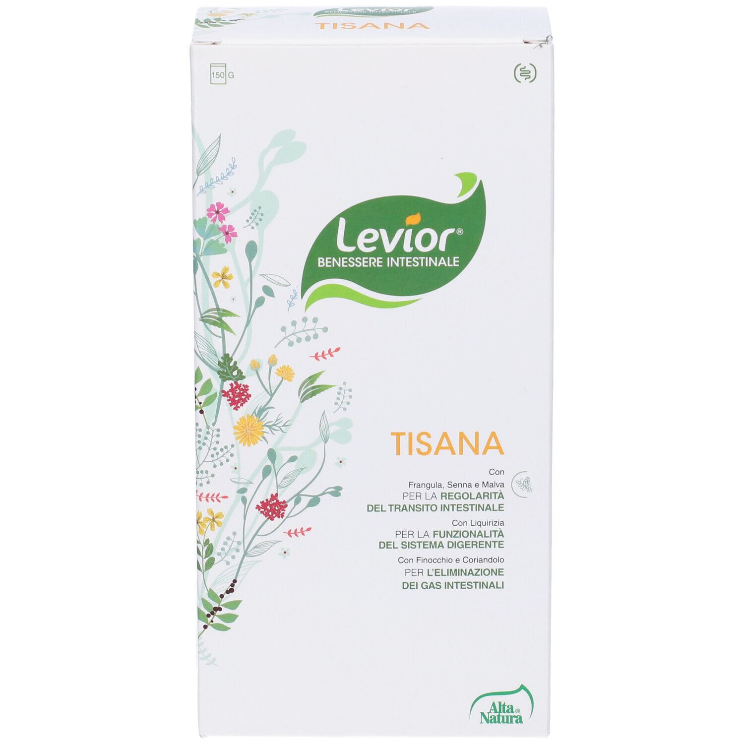 Scatola bianca con "Levior" e "Tisana" in italiano. Design floreale.
