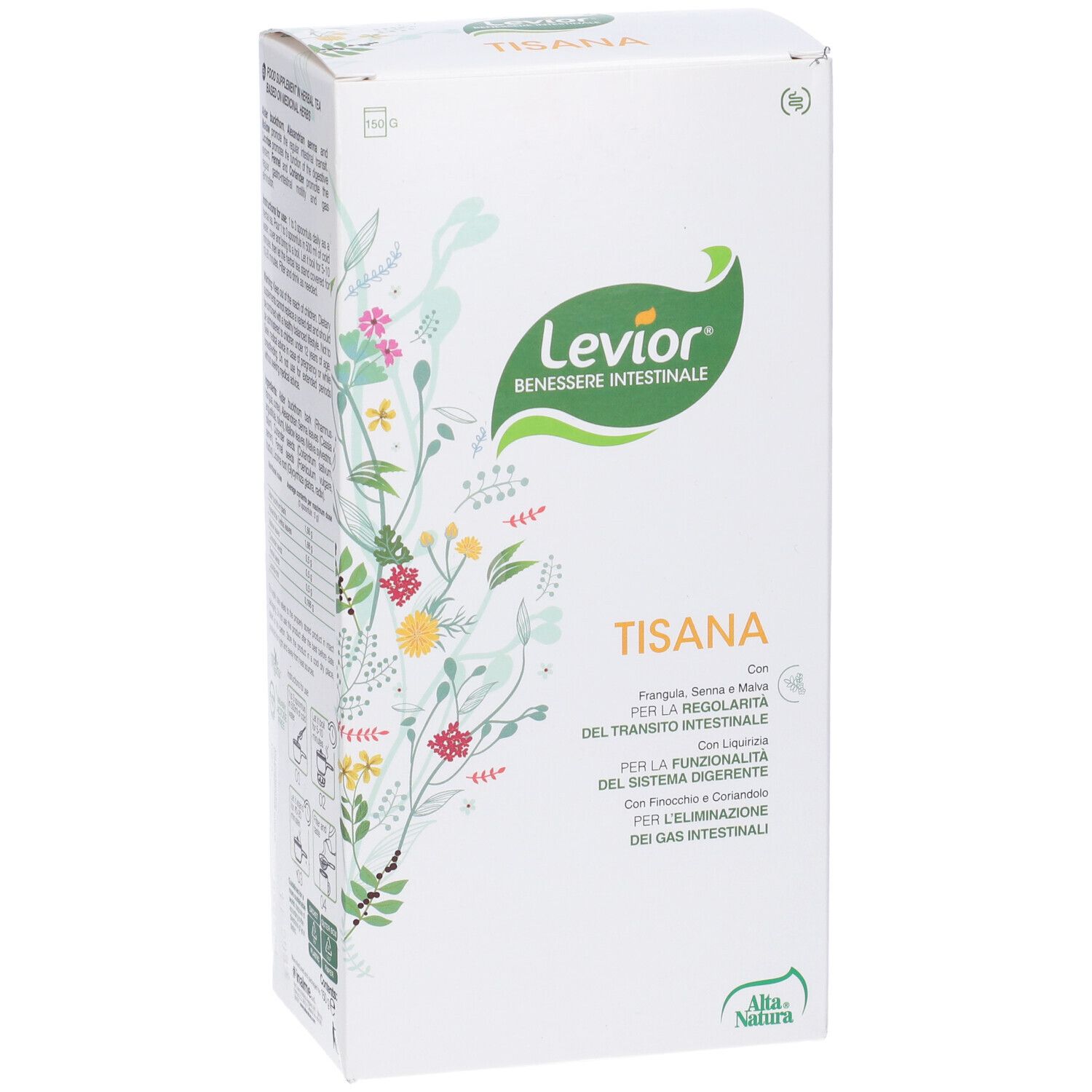 Scatola bianca con "Levior" e "Tisana" in italiano. Design floreale.