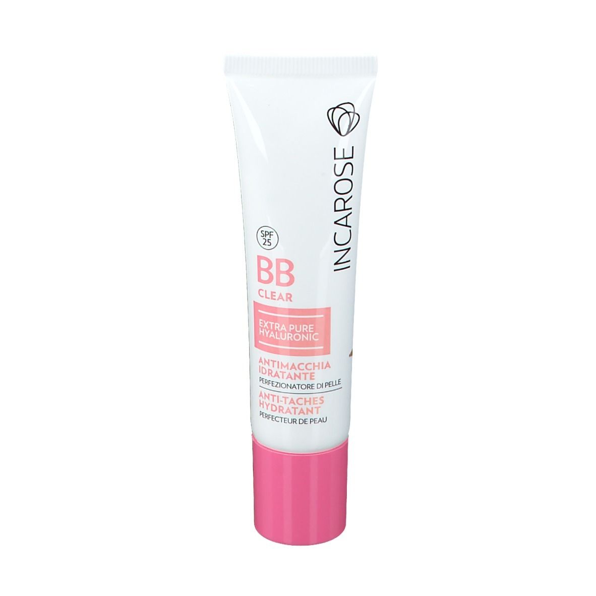 Tubo bianco con tappo rosa. Scritta: BB CLEAR, SPF 25, EXTRA PURE HYALURONIC. Marchio INCAROSE.